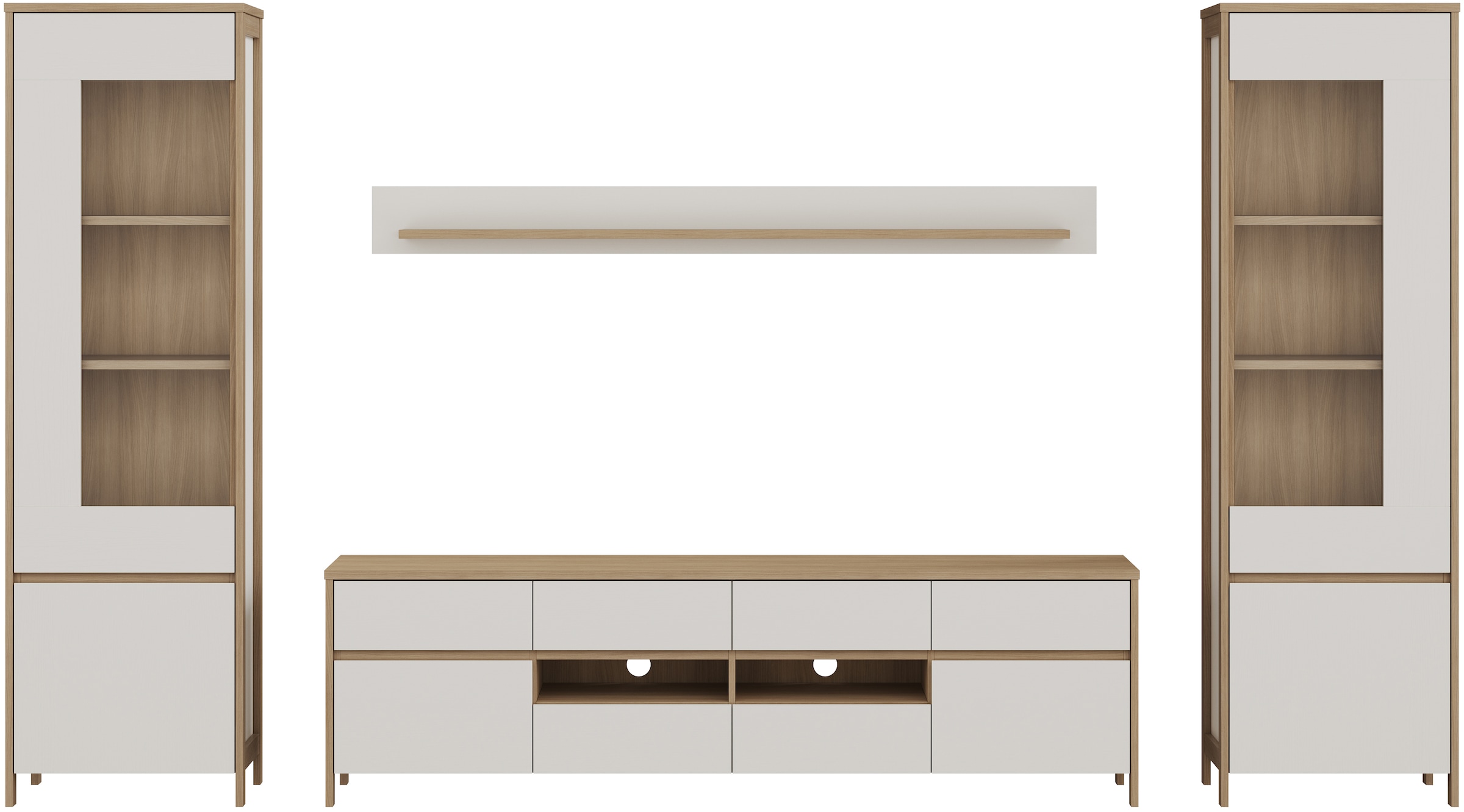 Home affaire Wohnwand »Stranda, moderne Anbauwand, Komplettset im Scandi-Style«, (4 St.), enthält zwei Vitrinen, Lowboard und Wandboard, 344 cm breit