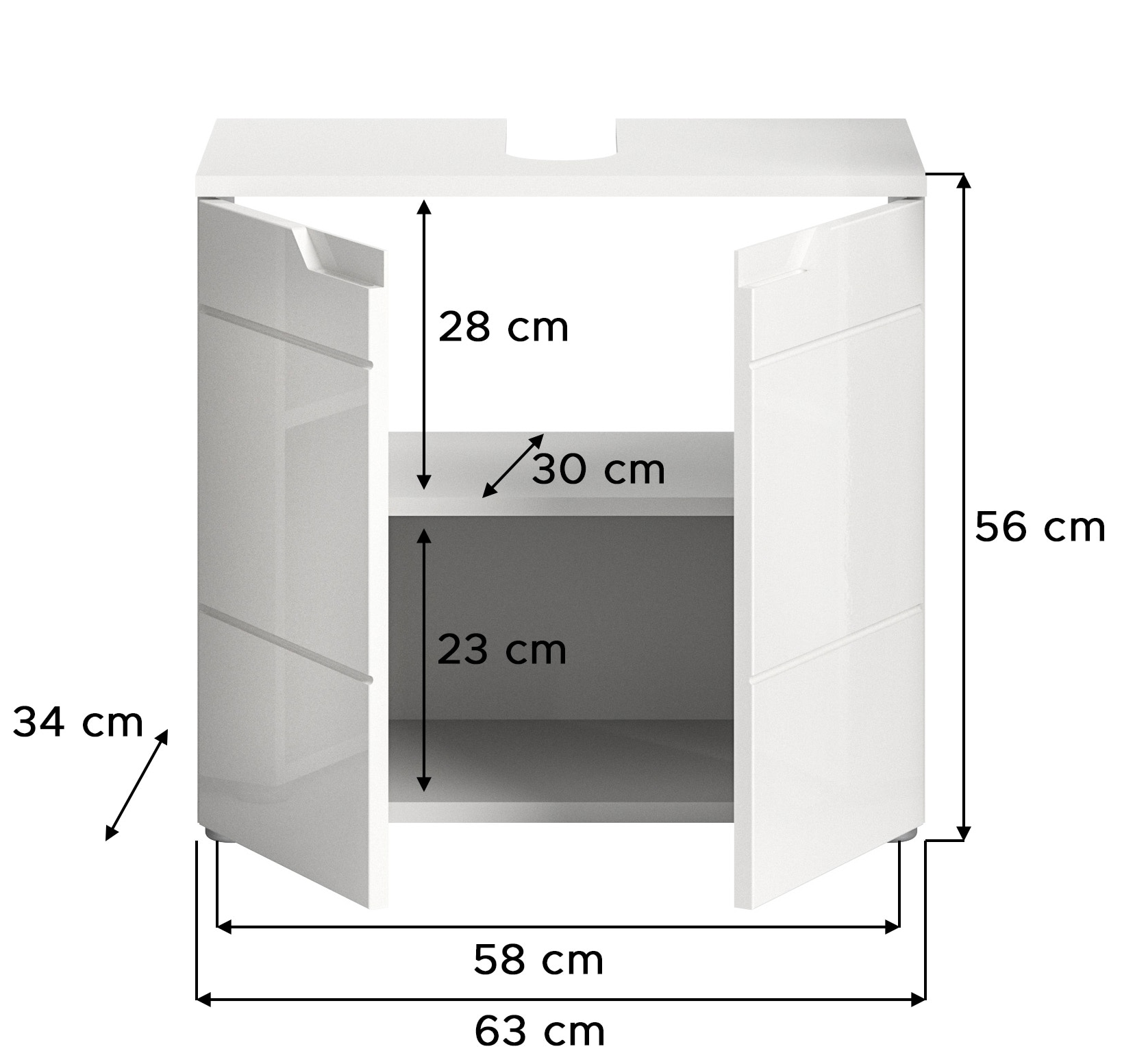 INOSIGN Waschbeckenunterschrank »CAPRI, Breite 63 cm, mit Siphonausschnitt, 2 Türen & 1 Einlegeboden«, WBU, Unterschrank, Badschrank, Badunterschrank, Waschbeckenschrank