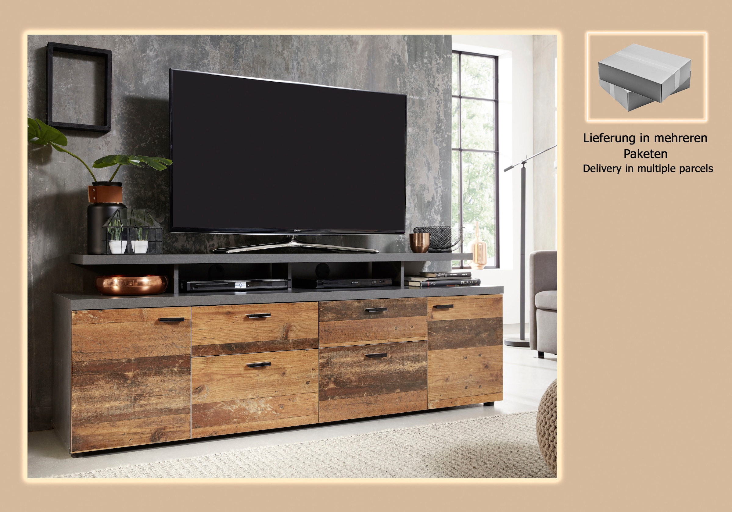 INOSIGN TV-Board »Messina«, (1 St.), TV-Lowboard mit Türen, Schubladen & Fächern - (B/T/H) 180/47/66 cm