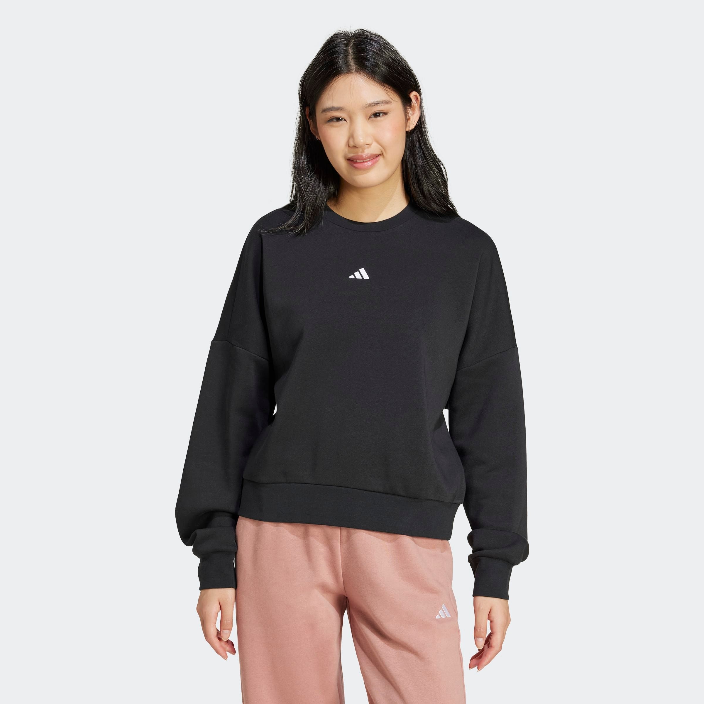 Sweatshirt ADIDAS SPORTSWEAR "ESSENTIALS SMALL LOGO FEELCOMFY", Damen, Gr. XL, schwarz-weiß (schwarz, weiß), Obermaterial: 70% Baumwolle, 30% Polyester, Rundhals, angesetztes Bündchen, Sweatshirts Sweatshirt