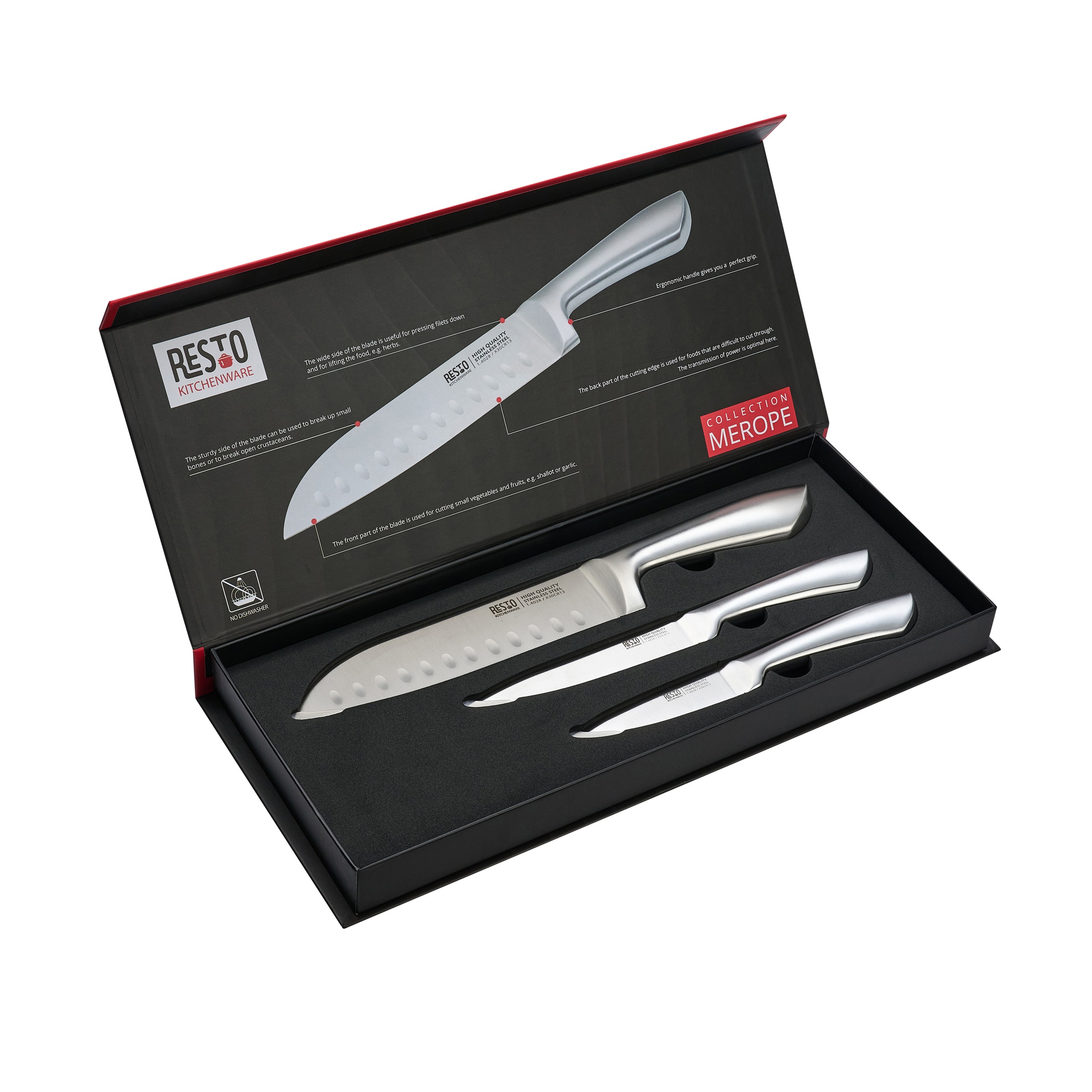 RESTO Kitchenware Messer-Set »Merope, Edelstahlmesser 3-teilig in Magnet-Geschenkbox« Santoku-Messer 18 cm, Universalmesser 13 cm, Schälmesser 9 cm