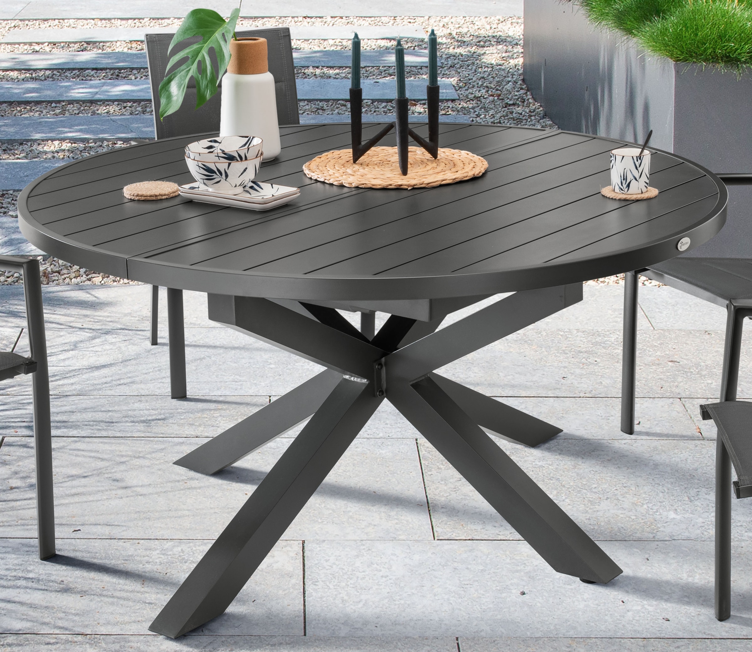 Destiny Garten-Essgruppe »COSTA  ARONA« Set, 1 Ausziehtisch, 4 Stapelsessel, 5 Stk. tlg. (Set, 9-tlg., 4 Sessel, 1 Tisch ausziehbar Ø 120/170x75cm) Aluminium