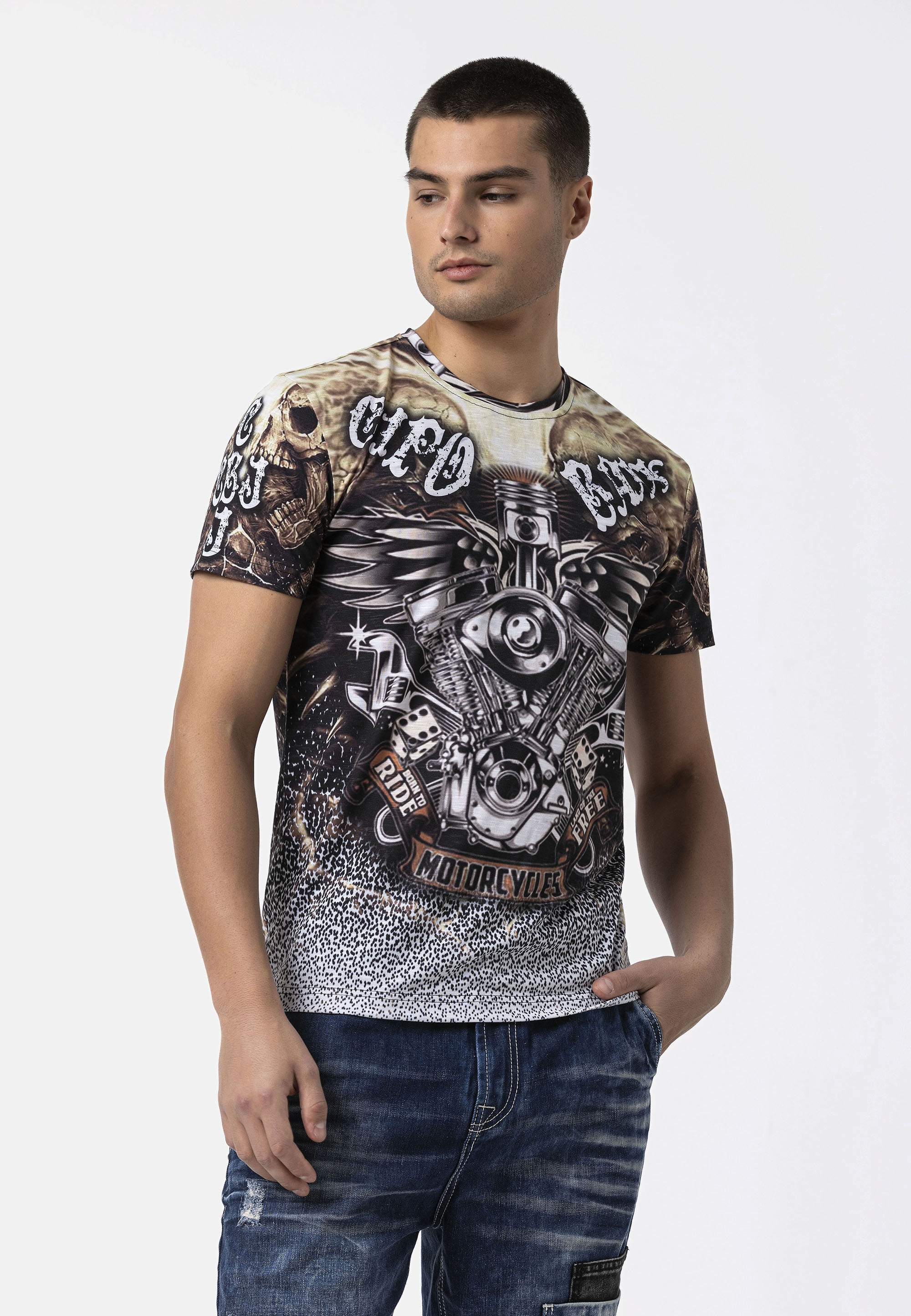 Cipo & Baxx T-Shirt »CT820« Stylischer "Motorcycles"-Schriftzug