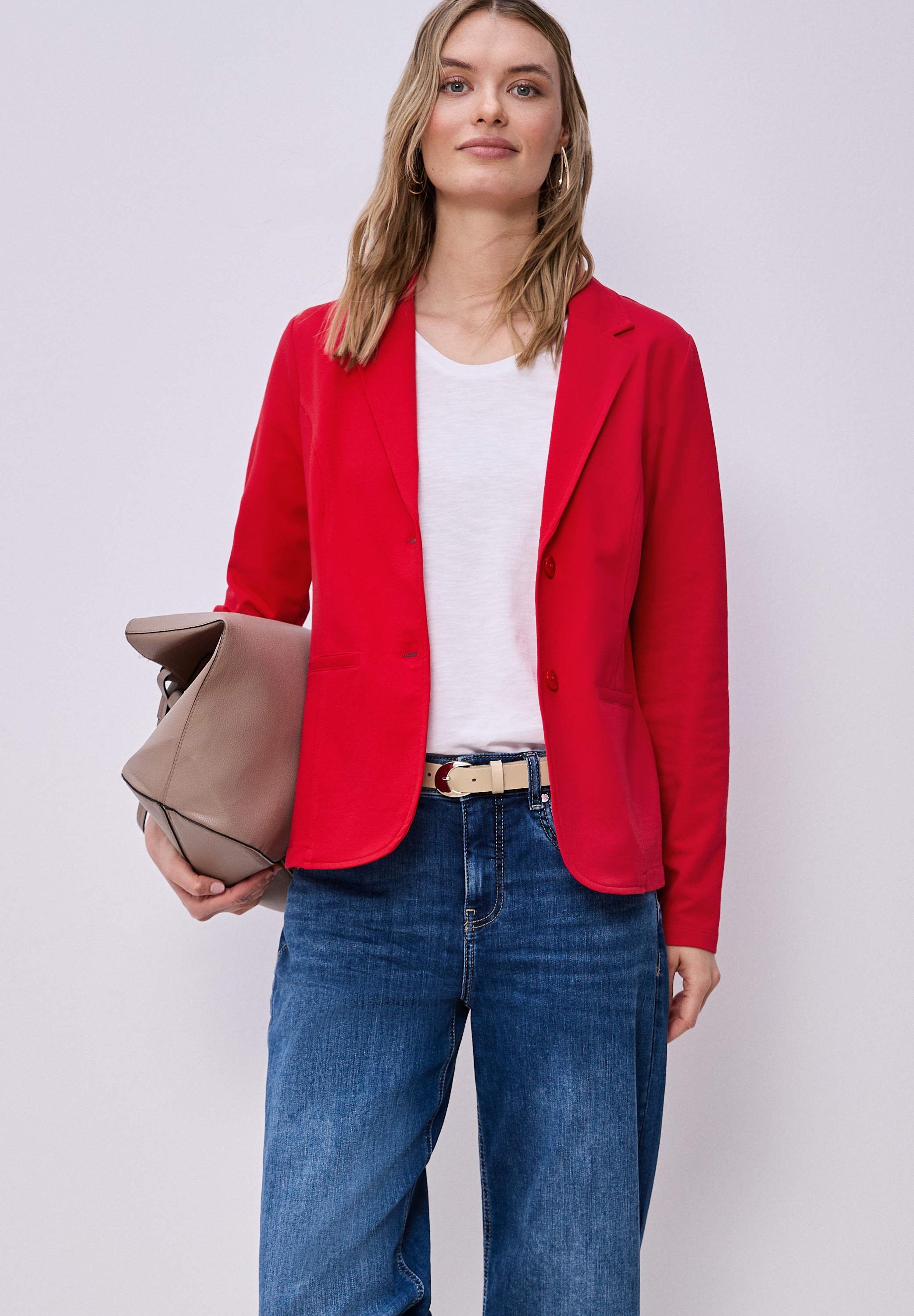 Sweatblazer STREET ONE, Damen, Gr. 46, salsa rot, Jersey, 93% Baumwolle, 7% Elasthan, unifarben, normal normal, V-Ausschnitt, abgesteppt, Blazer, im soften Baumwoll-Mix