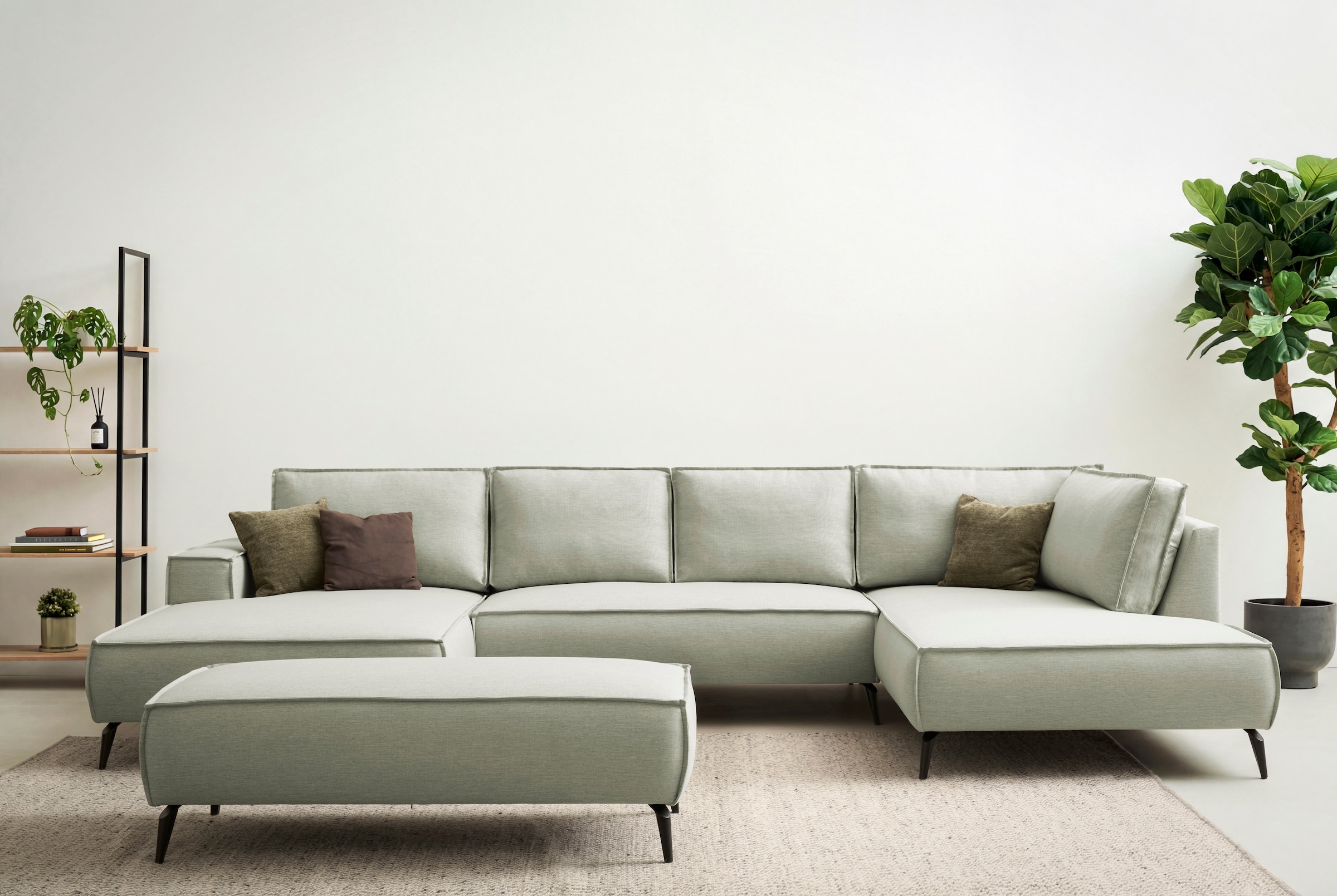 OTTO home Wohnlandschaft "TVINNU Leinenoptik, 354, mit Hocker" Recamiere rechts/links, stellbar zum Schlafsofa (Krokodilverbinder)