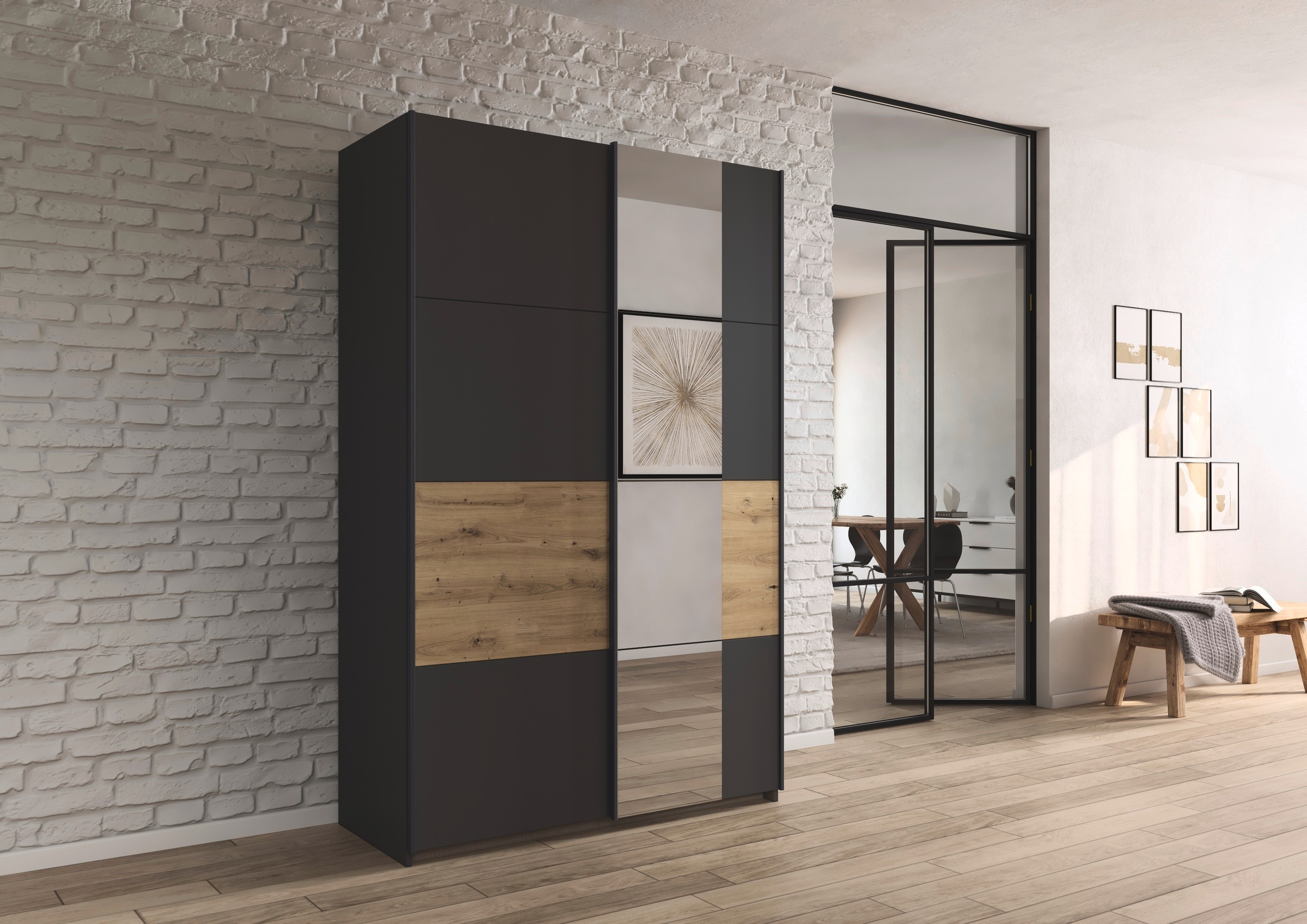 rauch Schwebetürenschrank »Kleiderschrank Schrank Garderobe Schlafzimmerschrank OXFORD«, (in 3 verschiedenen Ausstattungen BASIC/CLASSIC/PREMIUM), mit Griffleisten aus Metall, auch für kleinere Räume MADE IN GERMANY