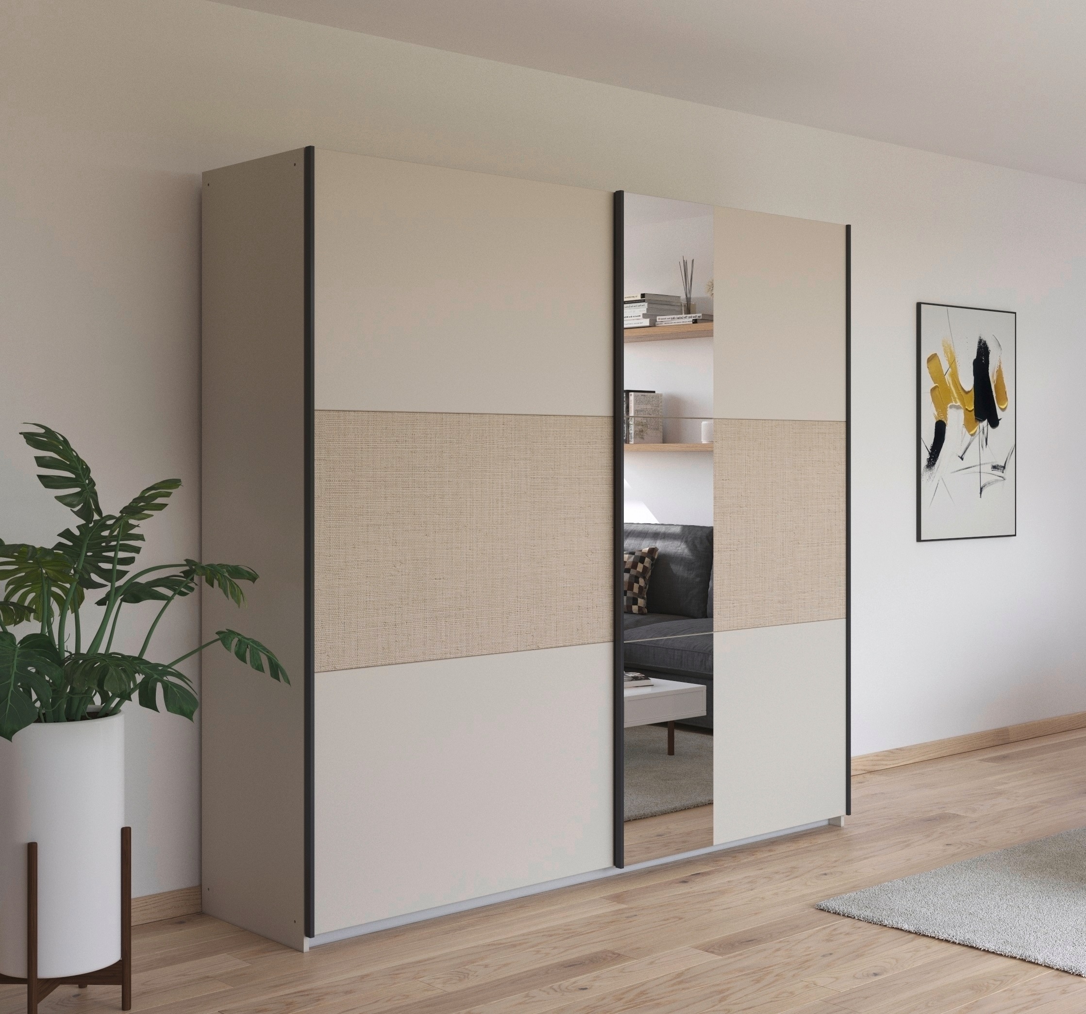 rauch Schwebetürenschrank »Senja«, mit Spiegel und Bauchbinde in angesagter Rattan-Optik
