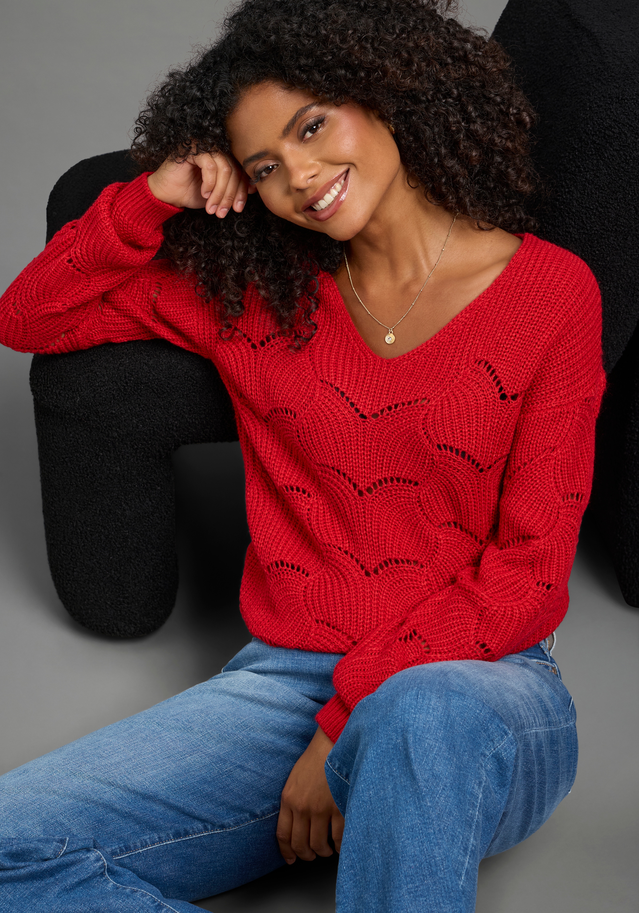 Laura Scott Strickpullover Softer Übergangsstrick mit V-neck und trendy Ajourmuster