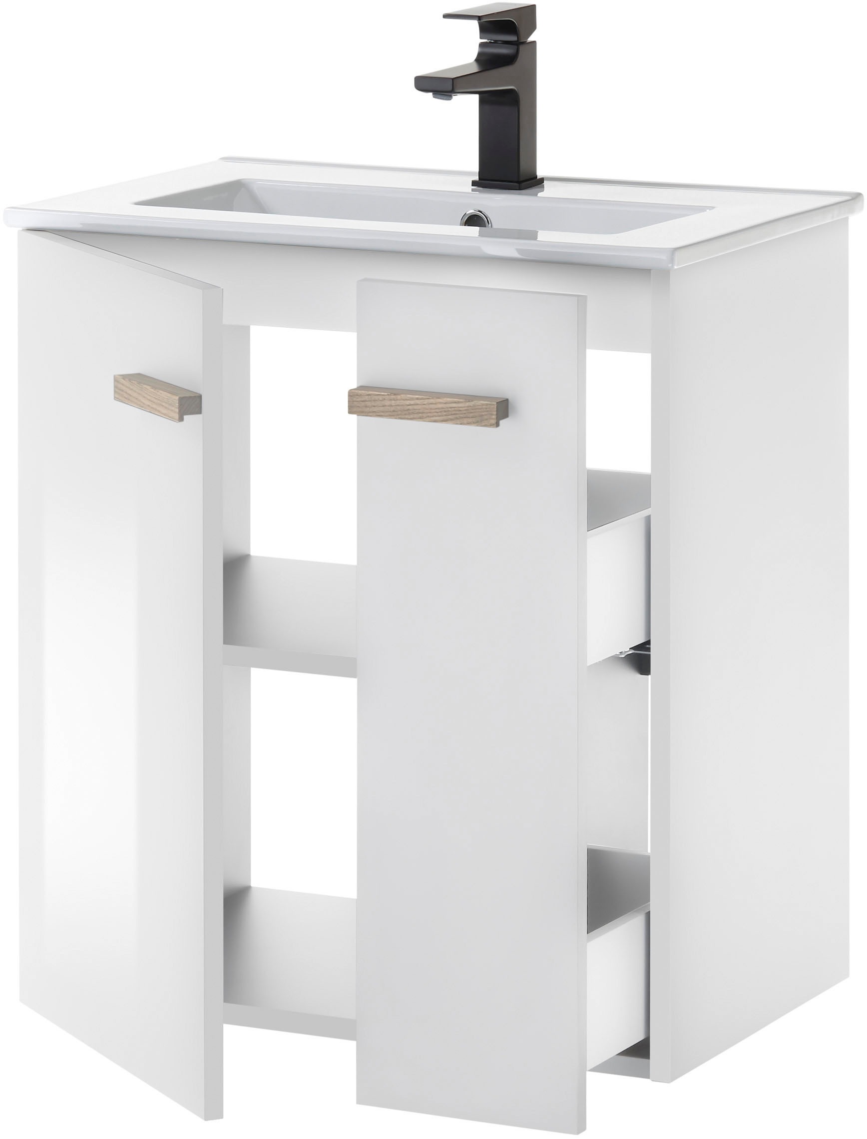 Places of Style Waschtisch »SOLiD, Unterschrank inkl. Waschbecken, Badschrank mit Holzgriffe«, in zwei Farben verfügbar, inkl. Waschbecken, Breite 60 cm