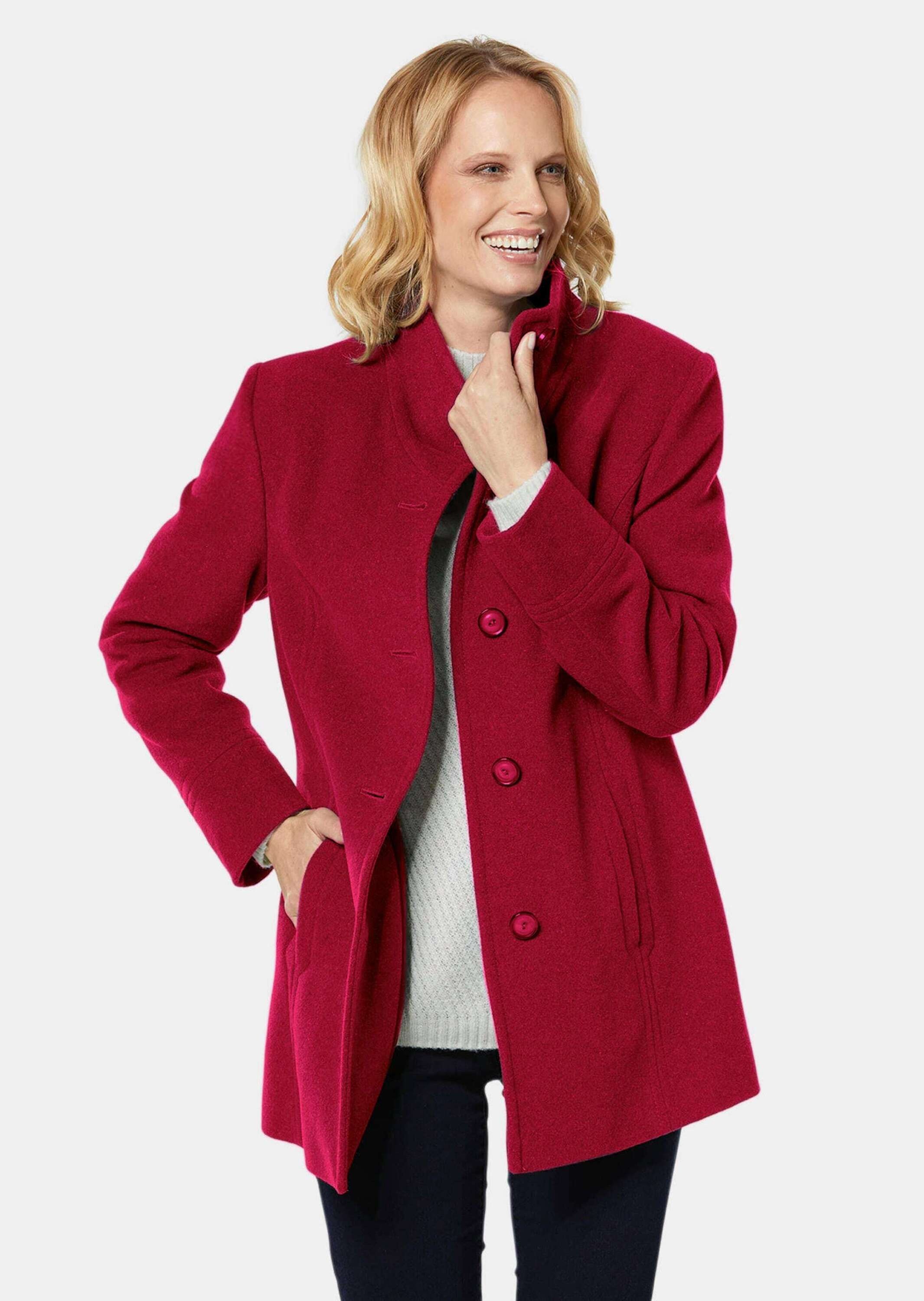 Wolljacke GOLDNER "Unentbehrliche Wolljacke mit feinen Details", Damen, Gr. 50, rot (dunkelrot), Obermaterial: 60% Wolle WO. 25% Polyester PES. 10% Polyamid PA. 5% sonstige Fasern AF., Sonstiges, Jacken, Vielseitig zu kombinieren 2