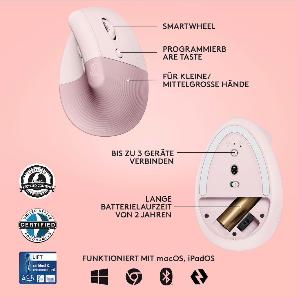 Logitech ergonomische Maus »LIFT - ROSE/DARK ROSE«, Bluetooth