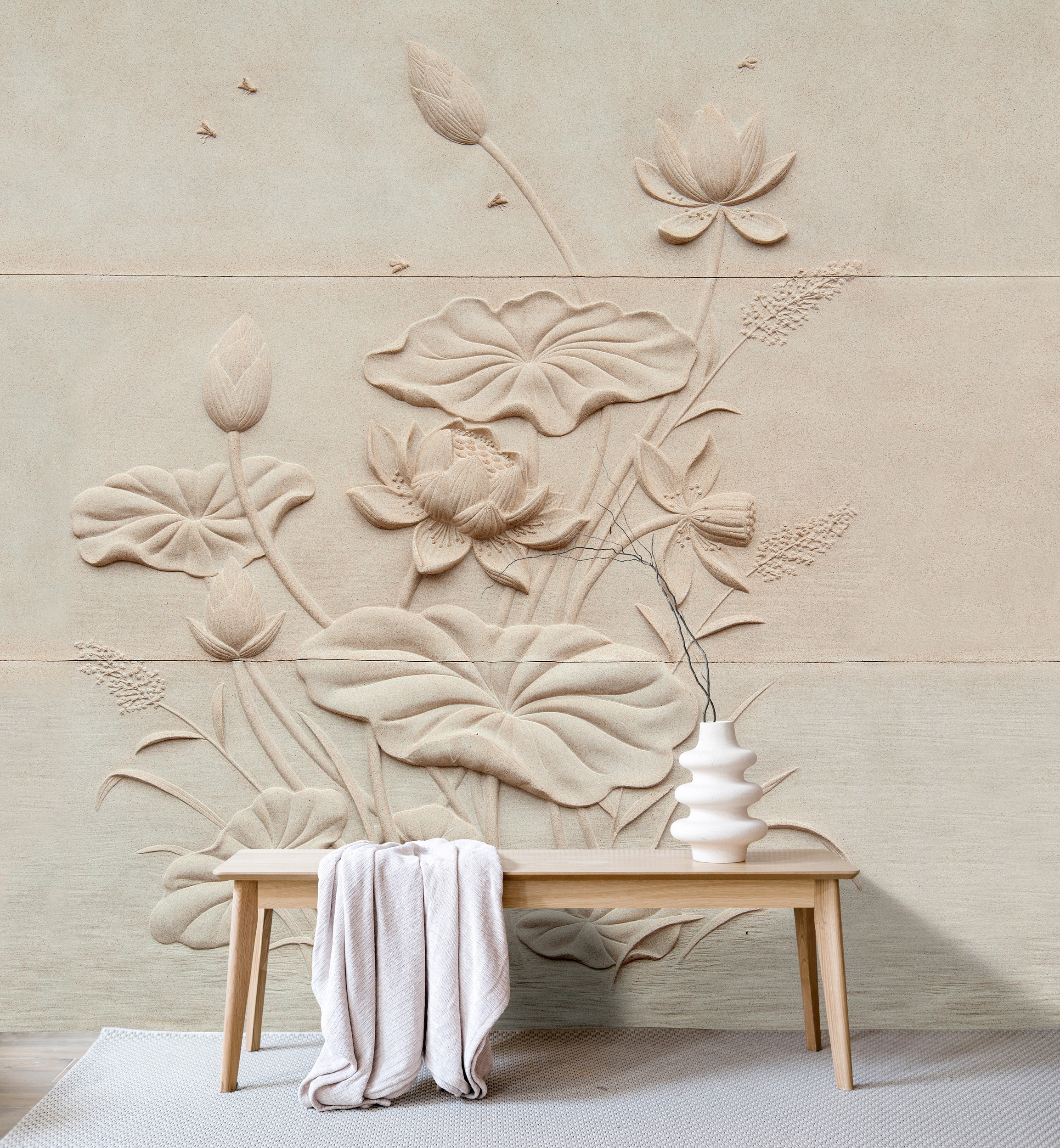 living walls "Relief-Tapete mit Lotusblüten Creme Beige 3D" matt glatt