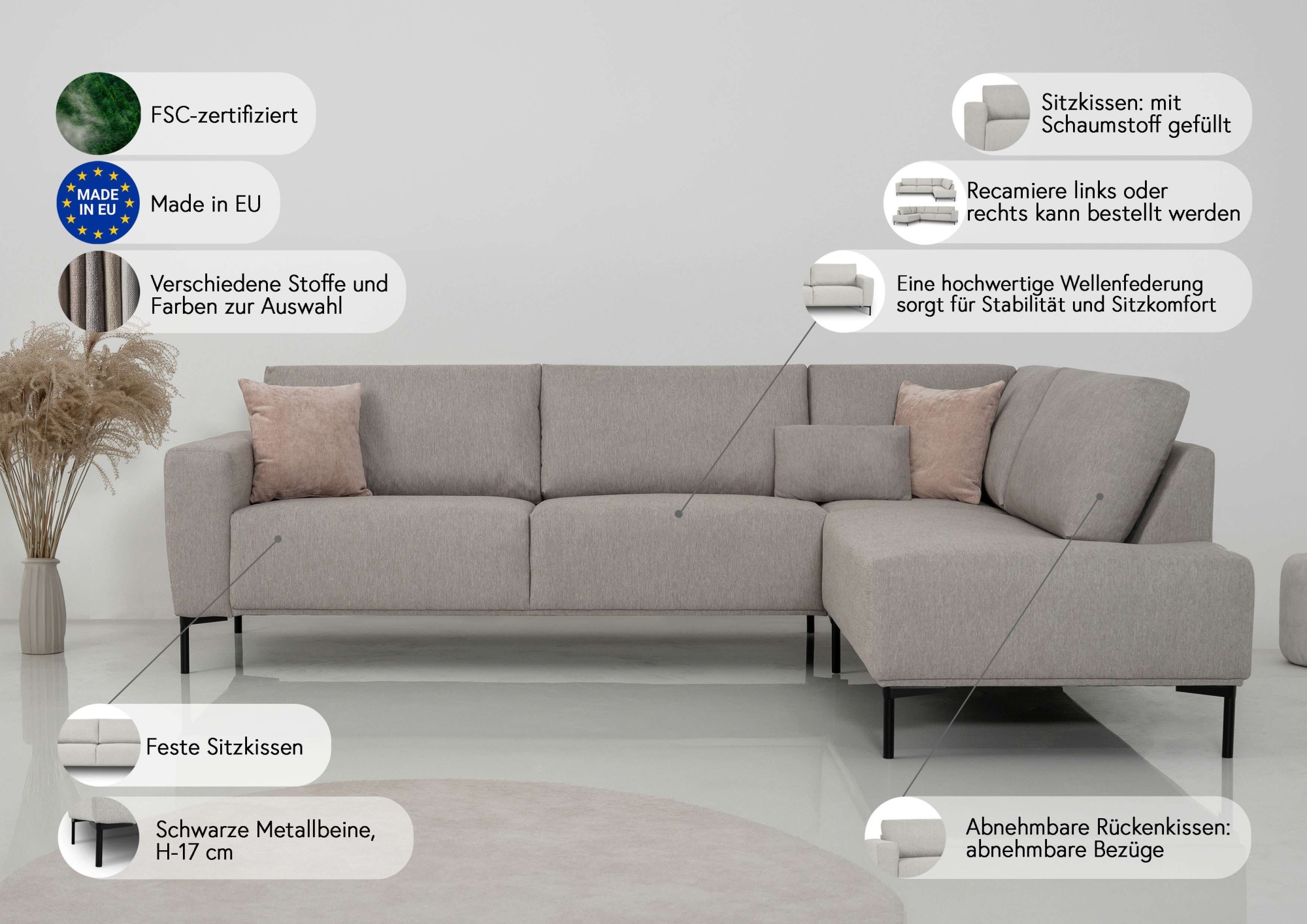 andas Ecksofa »Melby«, (2 St.), Breite 275 cm, in einem weichen Struktur Stoff, lose Rückenkissen