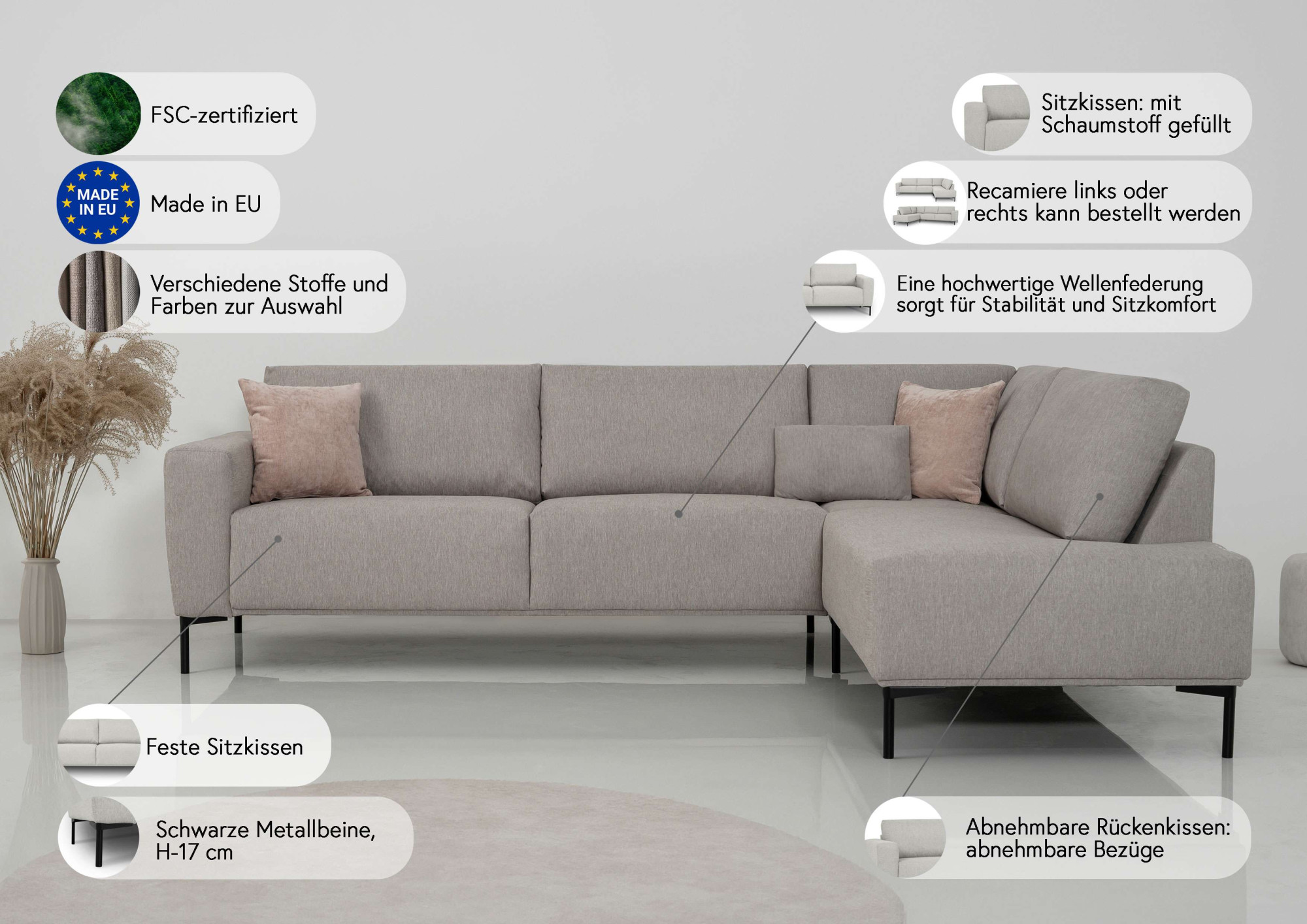 Thumbnail - andas Ecksofa "Melby" Breite 275 cm, in einem weichen Struktur Stoff, lose Rückenkissen