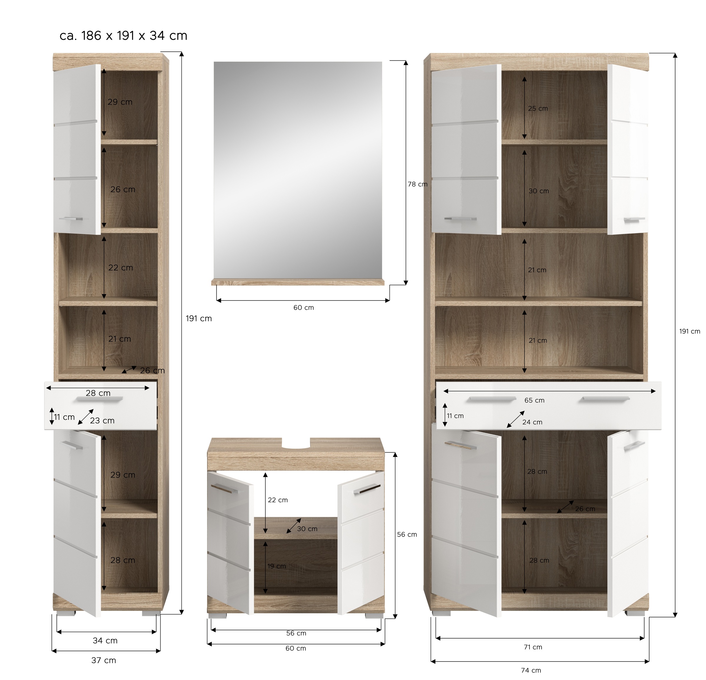 INOSIGN Badmöbel-Set »Siena, 4 teilig, bestehend aus:«, (Set), Hochschrank, Waschbeckenunterschrank, Badspiegel, Hochschrank breit