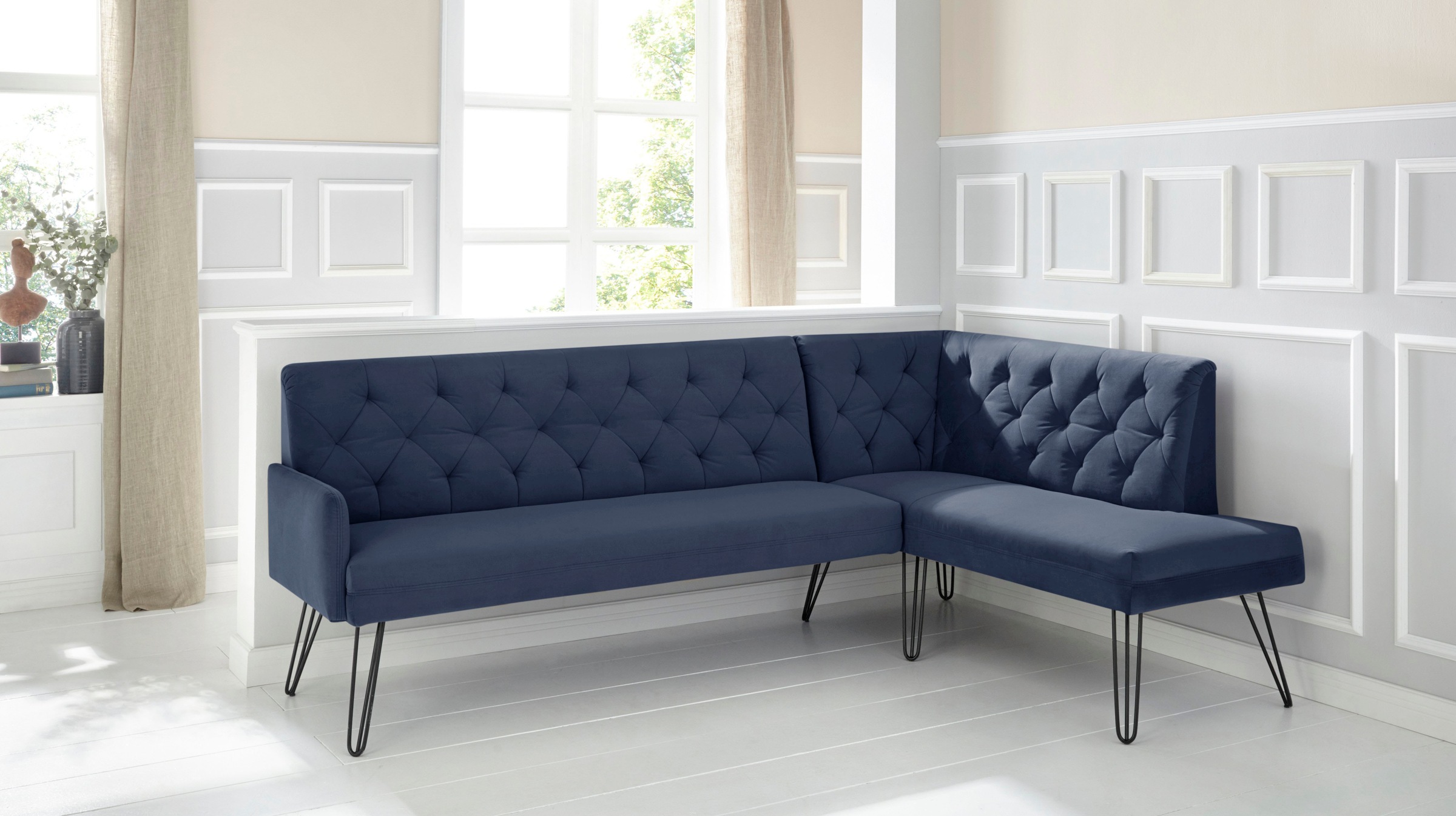 exxpo - sofa fashion Eckbank »Doppio, Chesterfield Optik, komfortabel und bequem, hohe Designfüße«, Frei im Raum stellbar