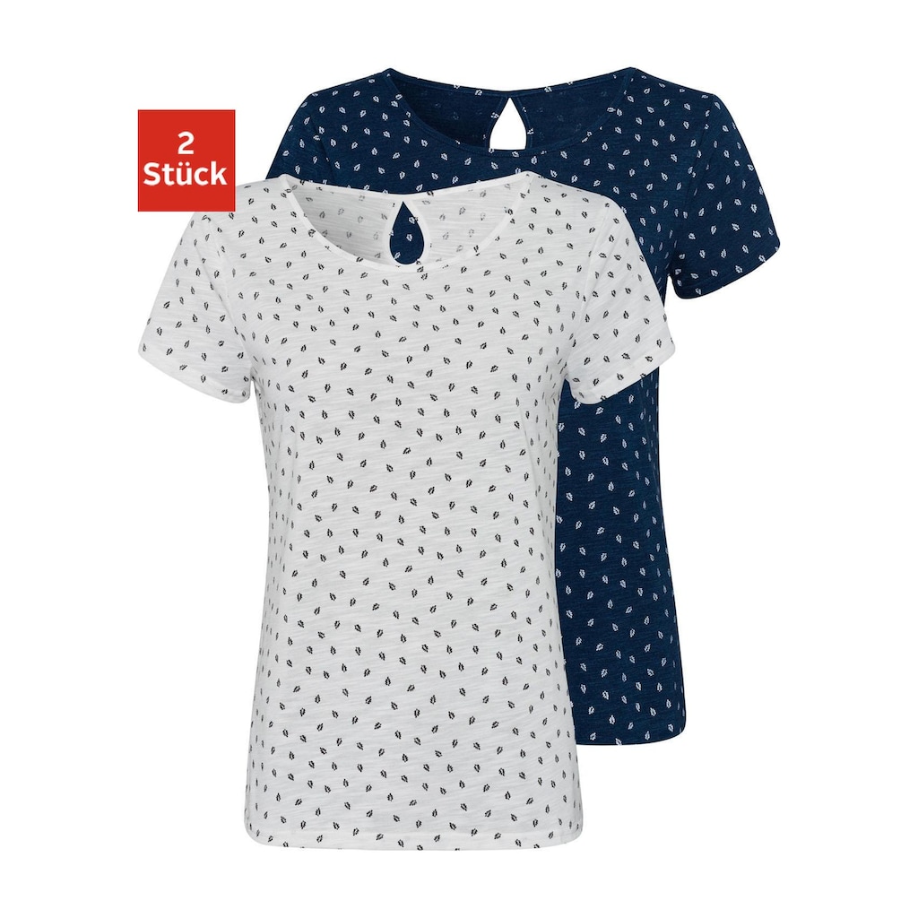 Damenmode Shirts & Sweatshirts LASCANA T-Shirt, (2er-Pack), mit süßem Blätter-Druck und Cut-Out im Nacken navy-gemustert + weiß-