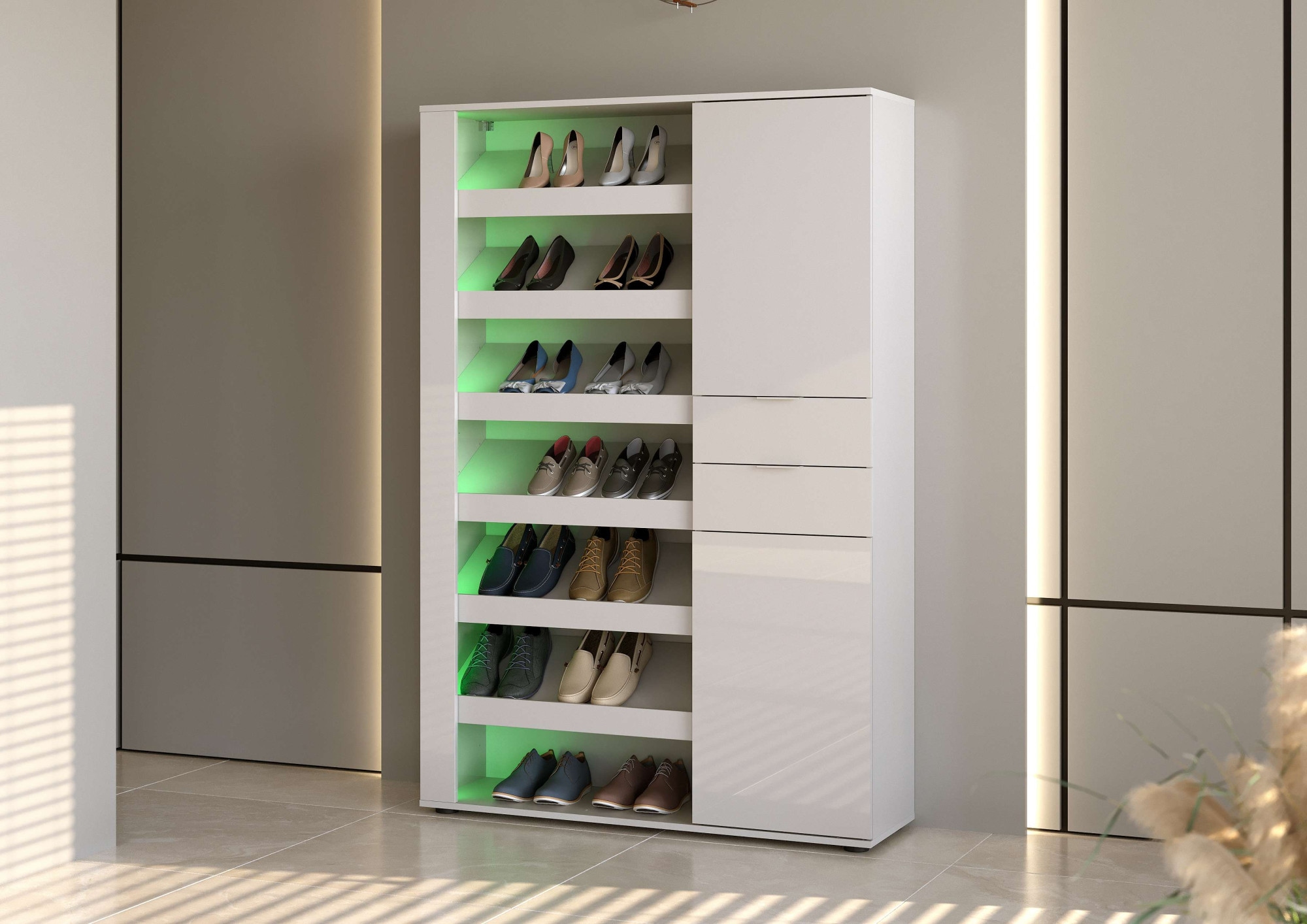 INOSIGN Schuhschrank »BOOST, Schuhschrank,Schuhregal, Breite 120 cm, LED optional bestellbar« 1 Stk. tlg. Hochglanz lackiert mit 7 offenen Fächern, 2 Türen und 2 Schubkästen