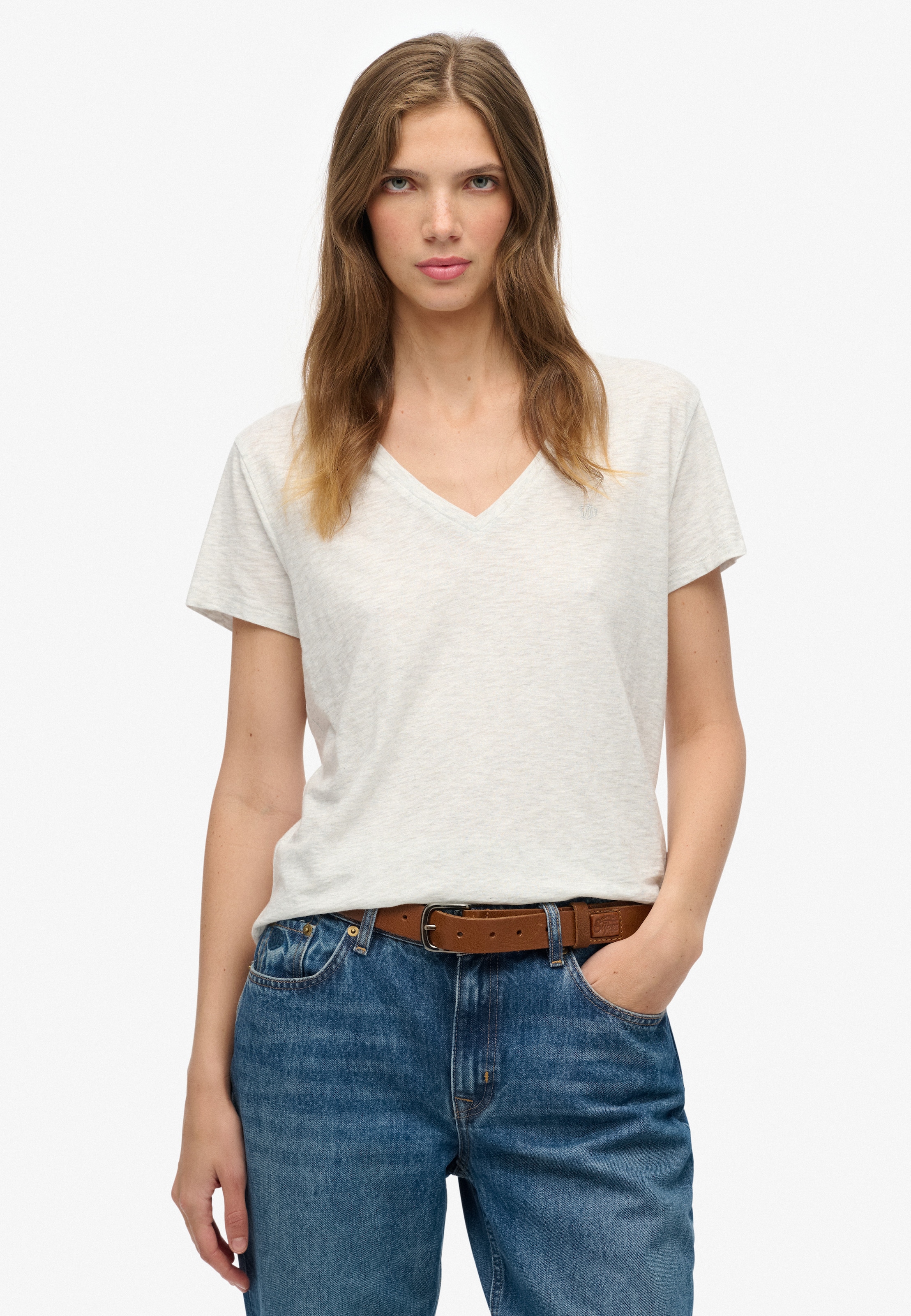 Superdry T-shirt à Manches Courtes Studios Slub Embroidered Vee Starlight Grey M Femme