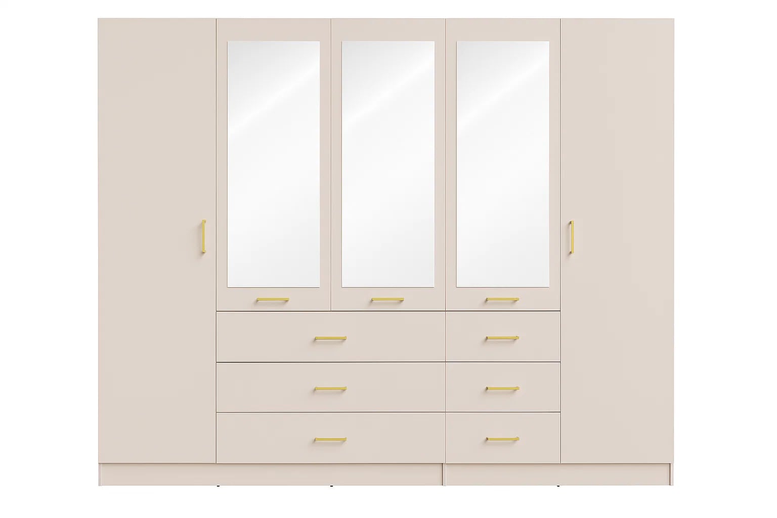 Home affaire Kleiderschrank »KOS Garderobe mit 6 Schubladen, Kleiderstange, 5 Einlegeböden, Spiegel« Kleiderschrank mit 5 Türen, goldenen Griffen, Maße B/H/T 250/200/58 cm