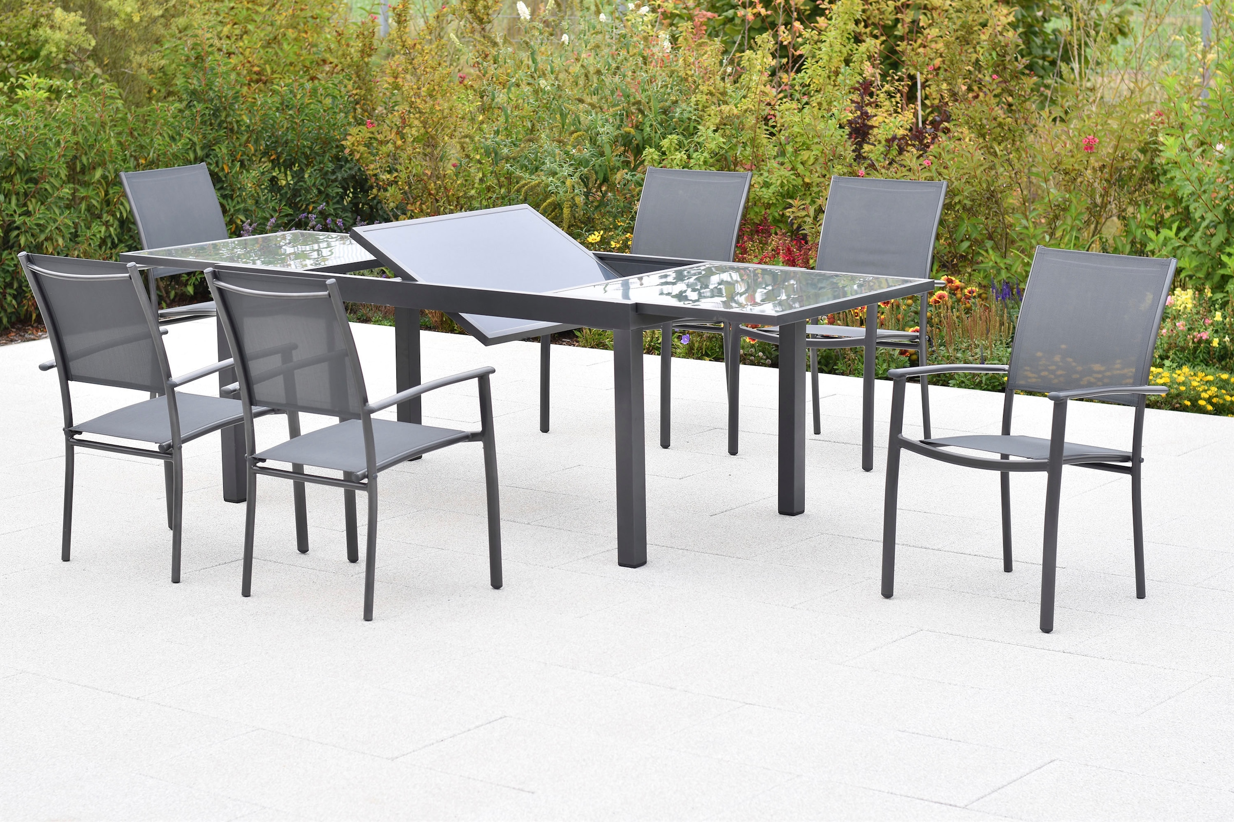 MERXX Garten-Essgruppe »»Milano««, (Set, 7 tlg.), Sessel stapelbar, Tisch ausziehbar