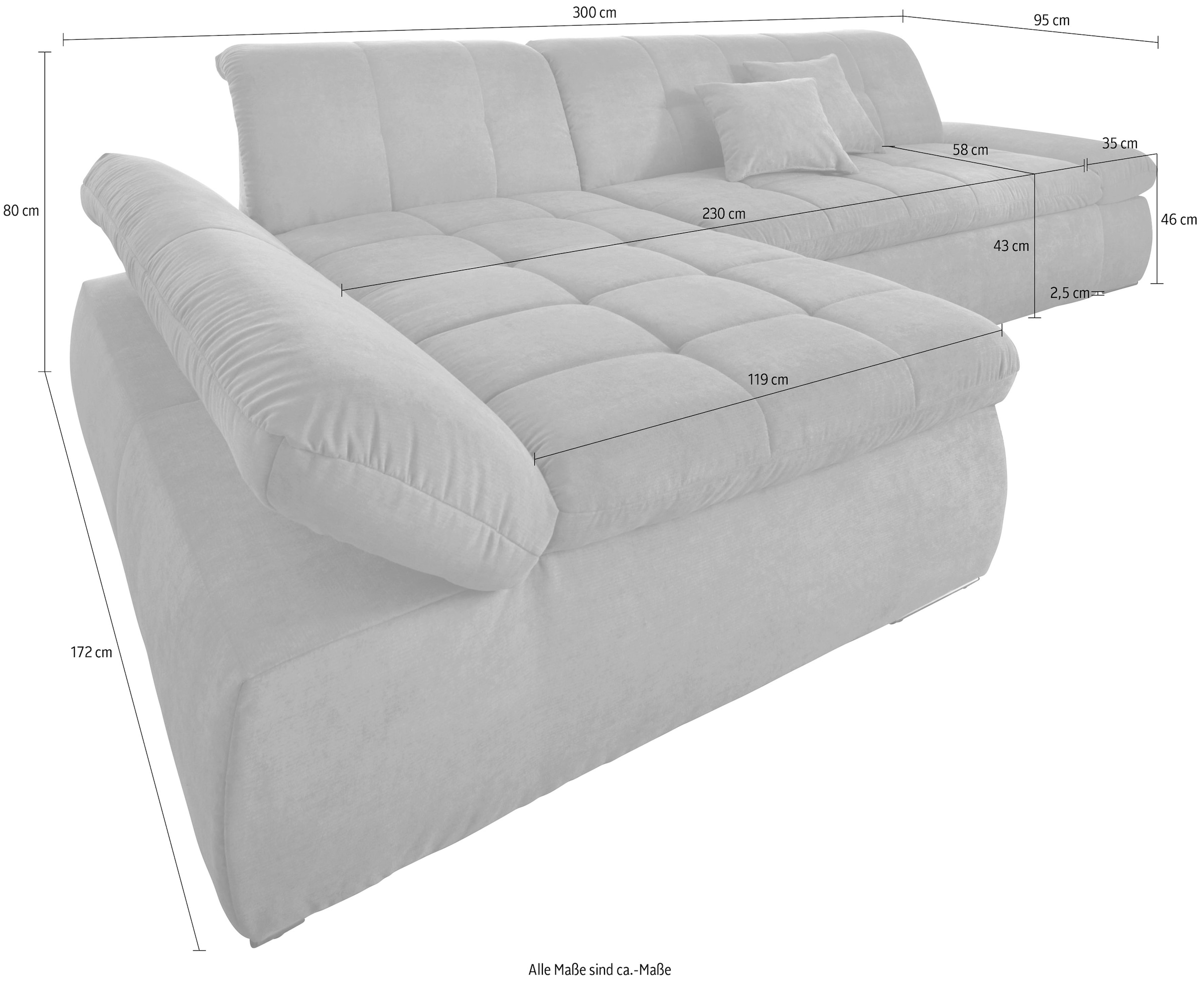 DOMO collection Ecksofa »NMoric XXL, B/T/H: 300/172/80cm, L-Form«, wahlweise mit Bettfunktion und Armlehnverstellung