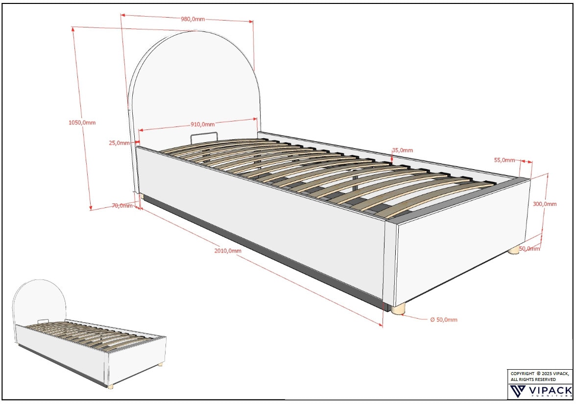 Vipack Boxbett »Moon, mit Lattenrost und Stauraum, modernes Design«, (gerundetes Kopfteil und in 2 Breiten erhältlich), inkl. Massivholz Füßen in natur, 3 Stoff Farben zur Auswahl
