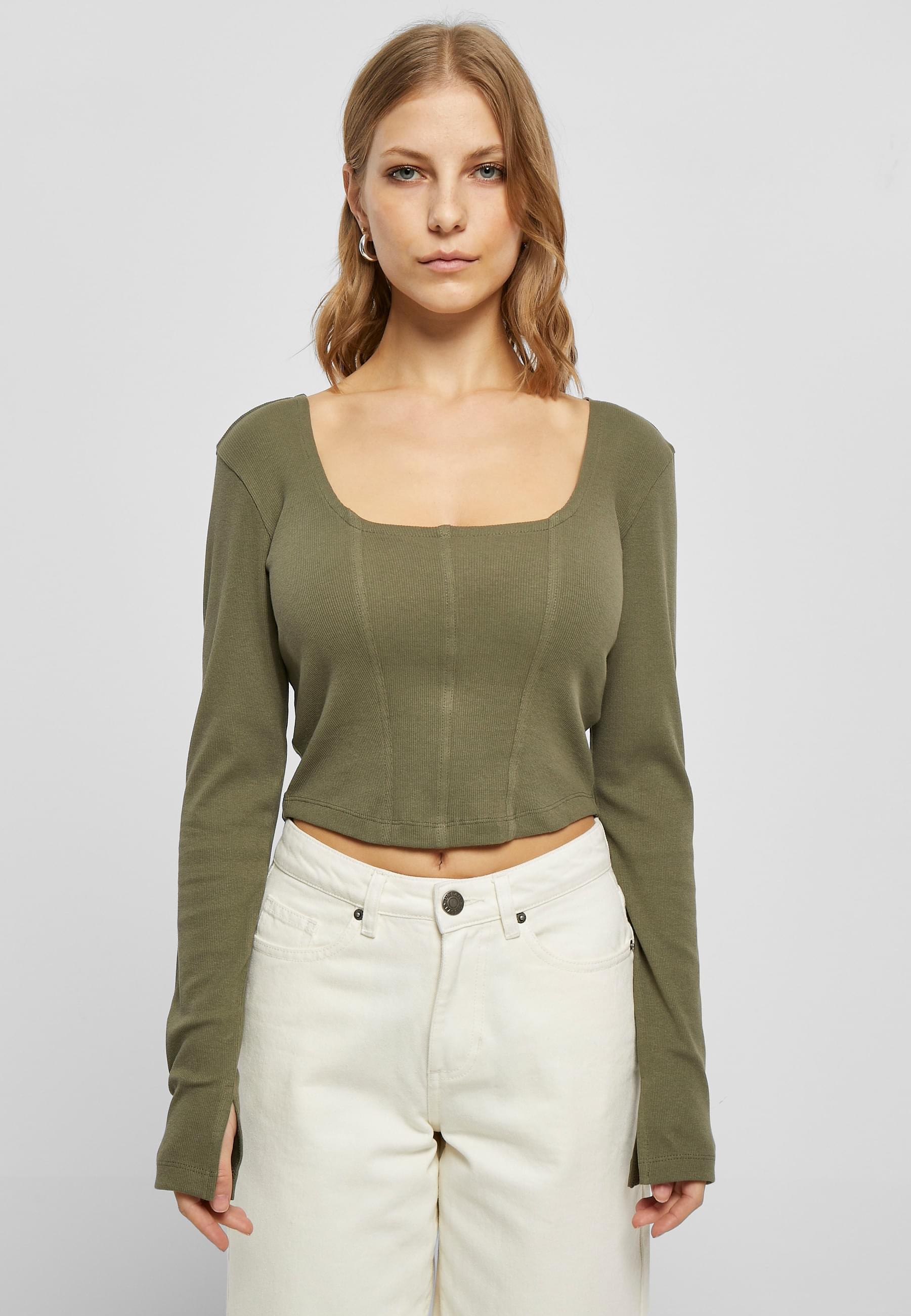 URBAN CLASSICS Longsleeve »Urban Classics Damen Ladies Short Rib Corsage Longsleeve«, (1 tlg.)