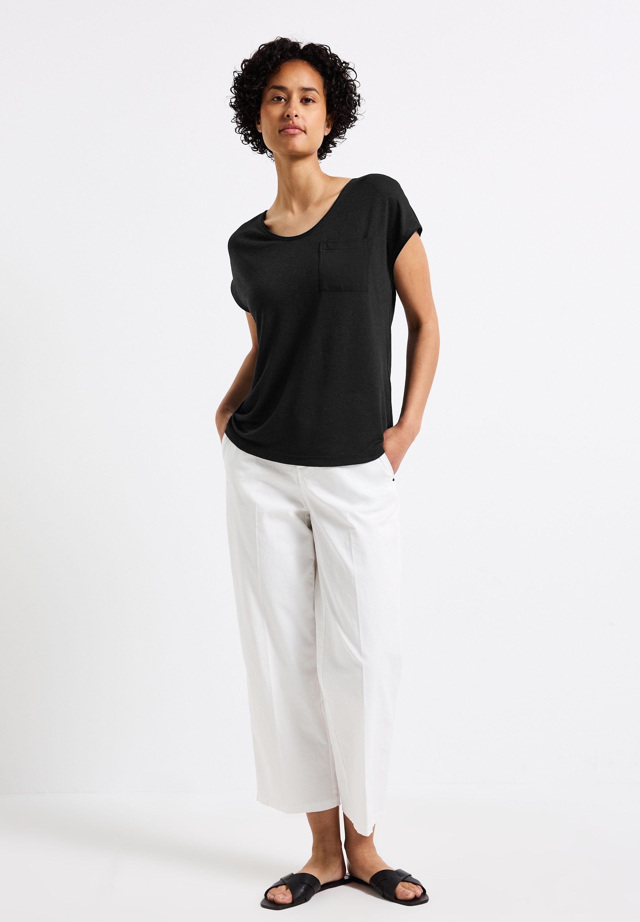 STREET ONE T-Shirt, im Leinen-Look und mit Brusttasche+ö