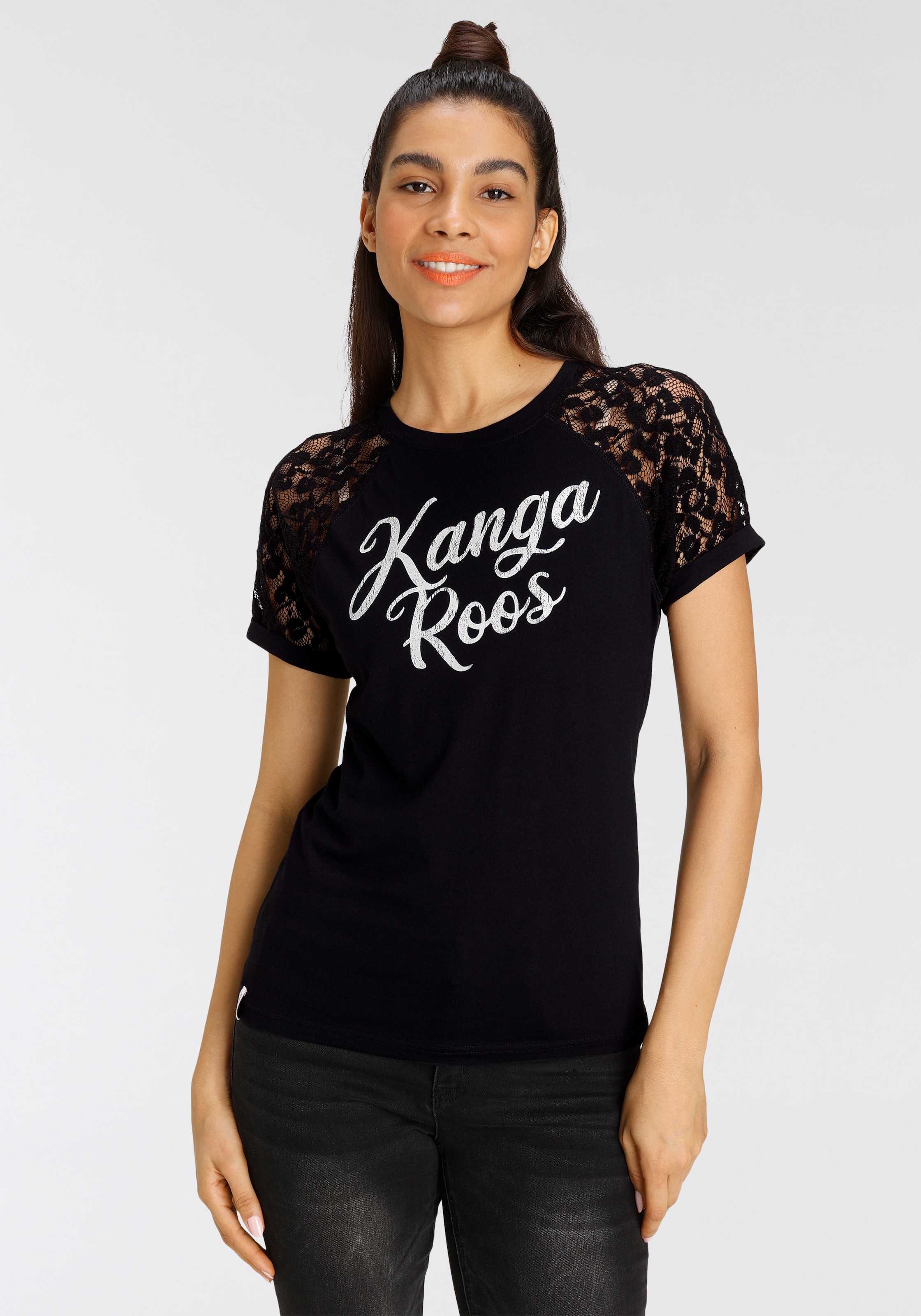 KOLLEKTION Raglanärmeln Spitzenshirt Markenschriftzug und KangaROOS mit NEUE