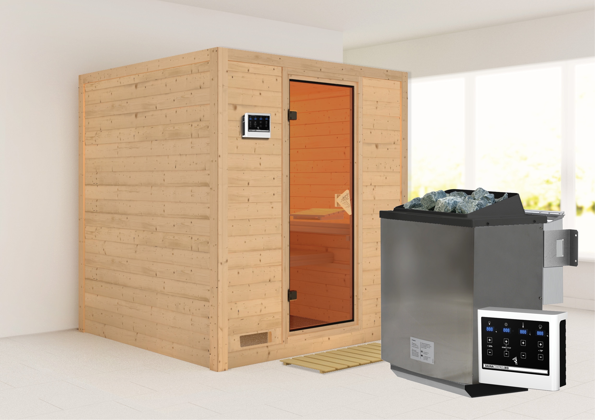 Karibu Sauna "Menja" Set, Ofen 9 kW Bio externe Strg easy