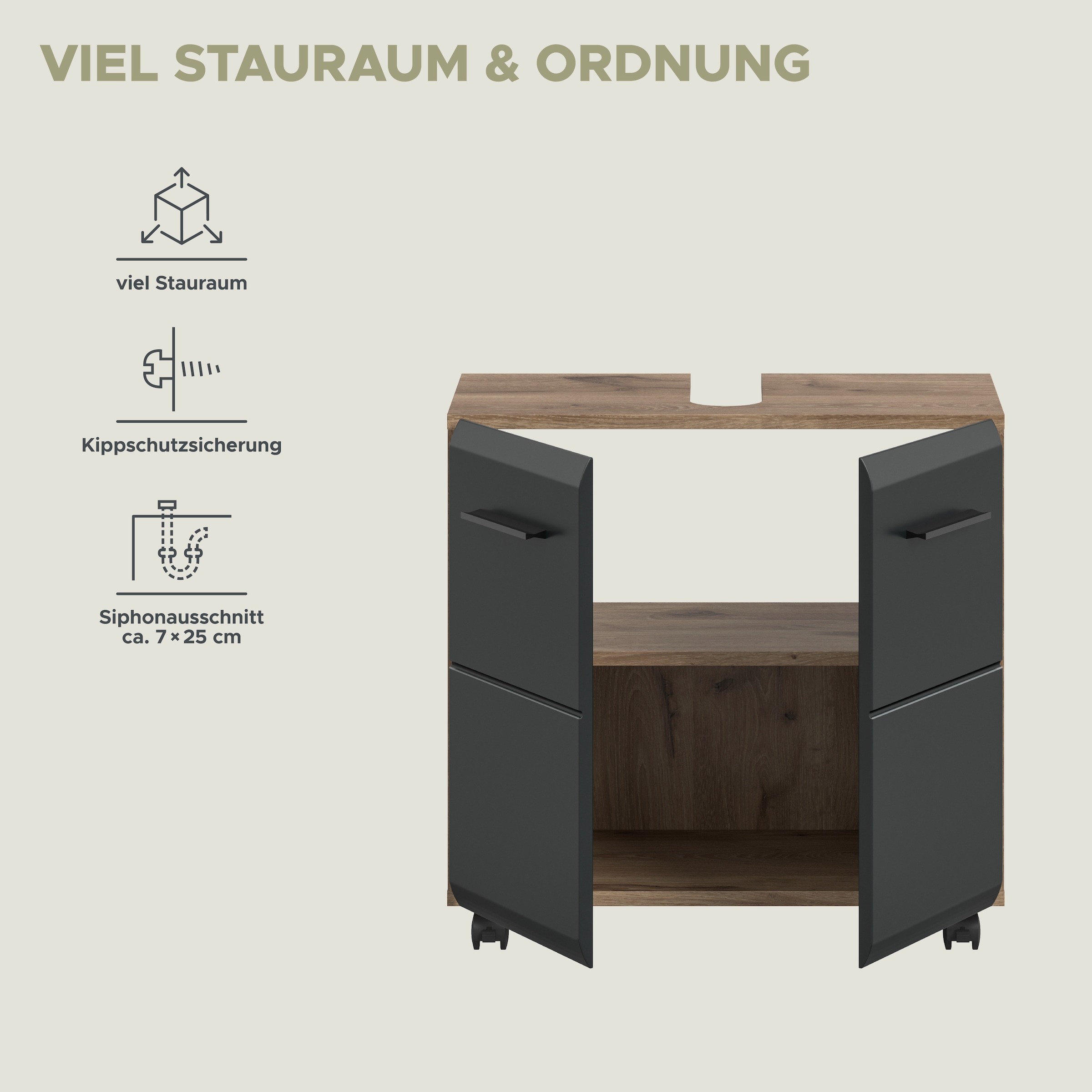 welltime Waschbeckenunterschrank »FLORENZ,  Breite 60cm, inkl. Siphonausschnitt, mit Türen oder Schüben« TOPSELLER!,  hochwertige MDF Front, Griff schwarz, Badschrank, Bad