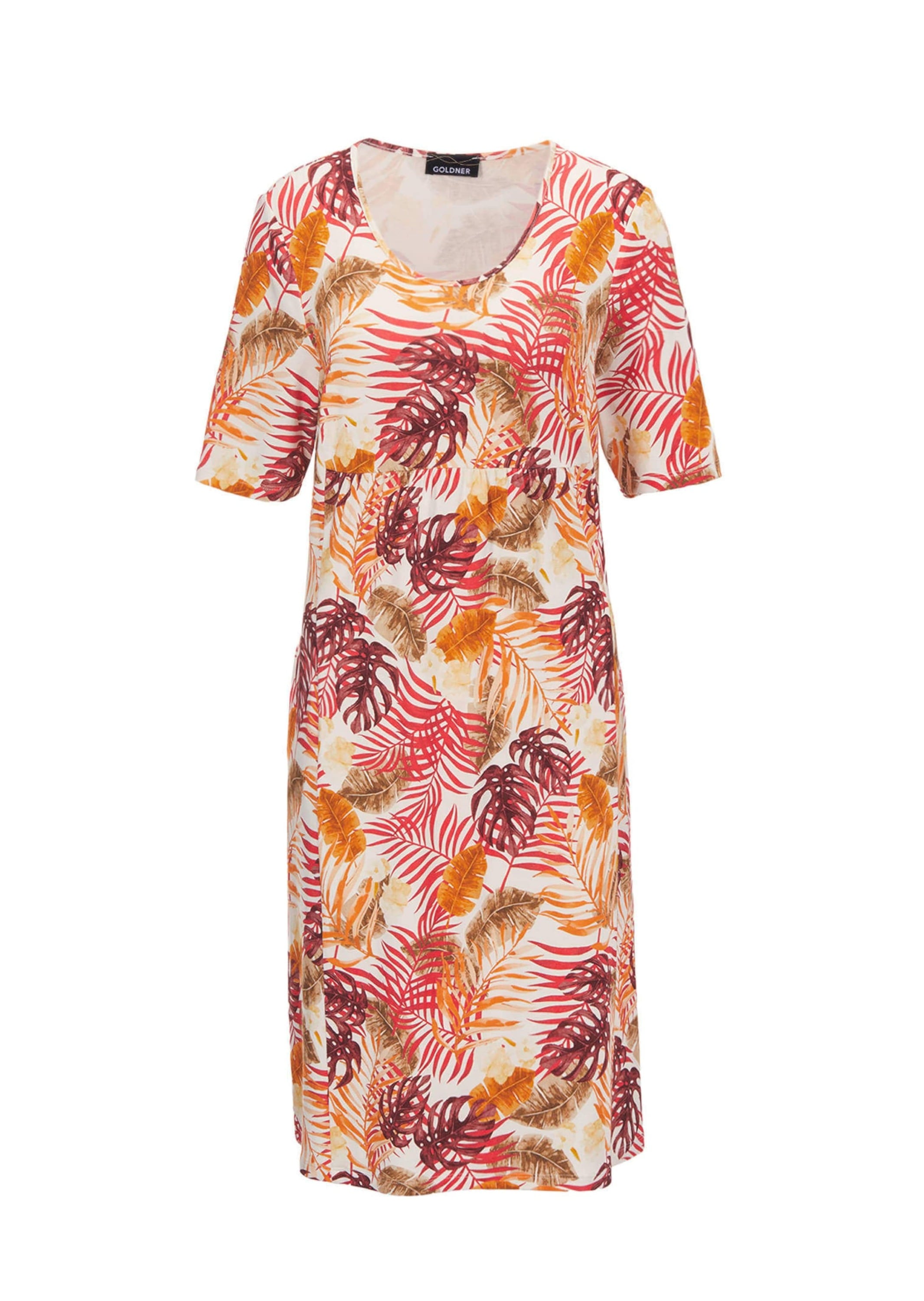 GOLDNER Damen Jerseykleid "Elastisches Jerseykleid mit modischem Druck"hagebutte, mandarine, gemustert, Gr. 54, Kleider