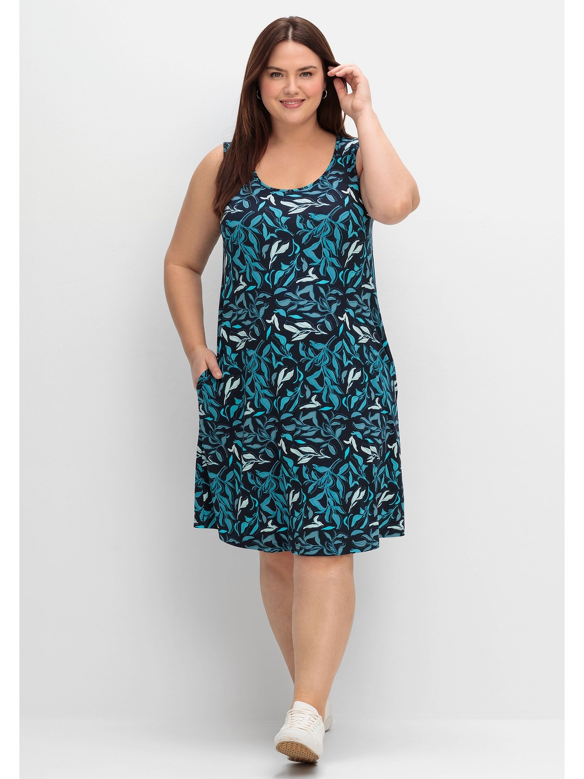 Sheego Jerseykleid »Große Größen«, mit Blätterprint und Taschen