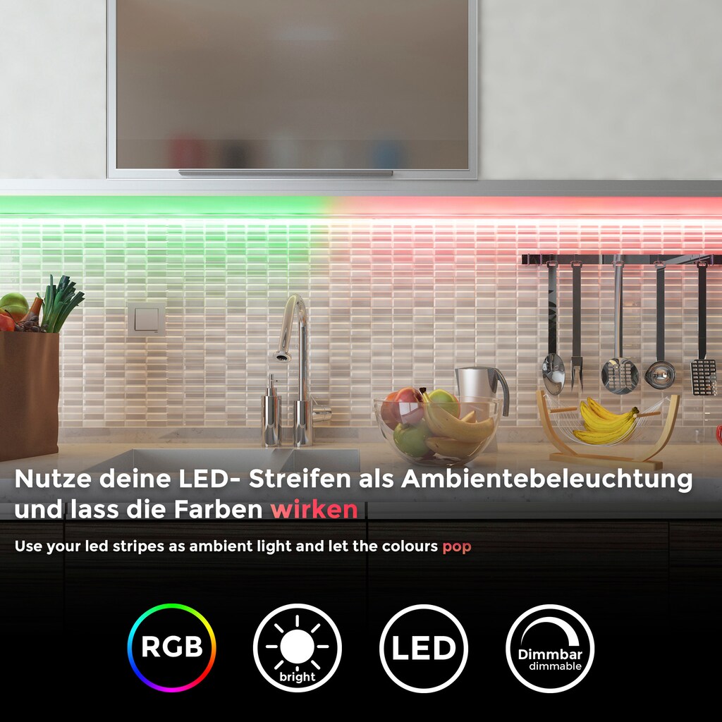 B.K.Licht LED Stripe, WIFI RGB-LED Flexband 2 Meter, inkl. 60 x RGB-LED 0,10 Watt für den Innenbereich,inkl. 1m USB (5V) Kabel, alle 3,3cm kürzbar, für IOS und Android