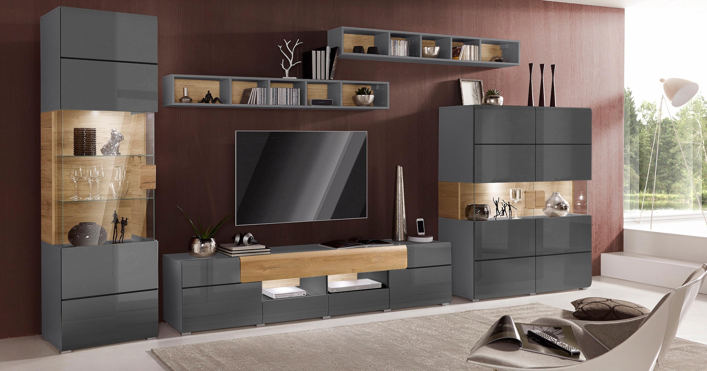 INOSIGN Wohnwand »Toledo,Breite 391cm stilvolle Mediawand ohne Beleuchtung«, (Set, 5 St.), Anbauwand(Vitrine,Lowboard,Highboard,2xHängeregal)MDF Hochglanzfronten