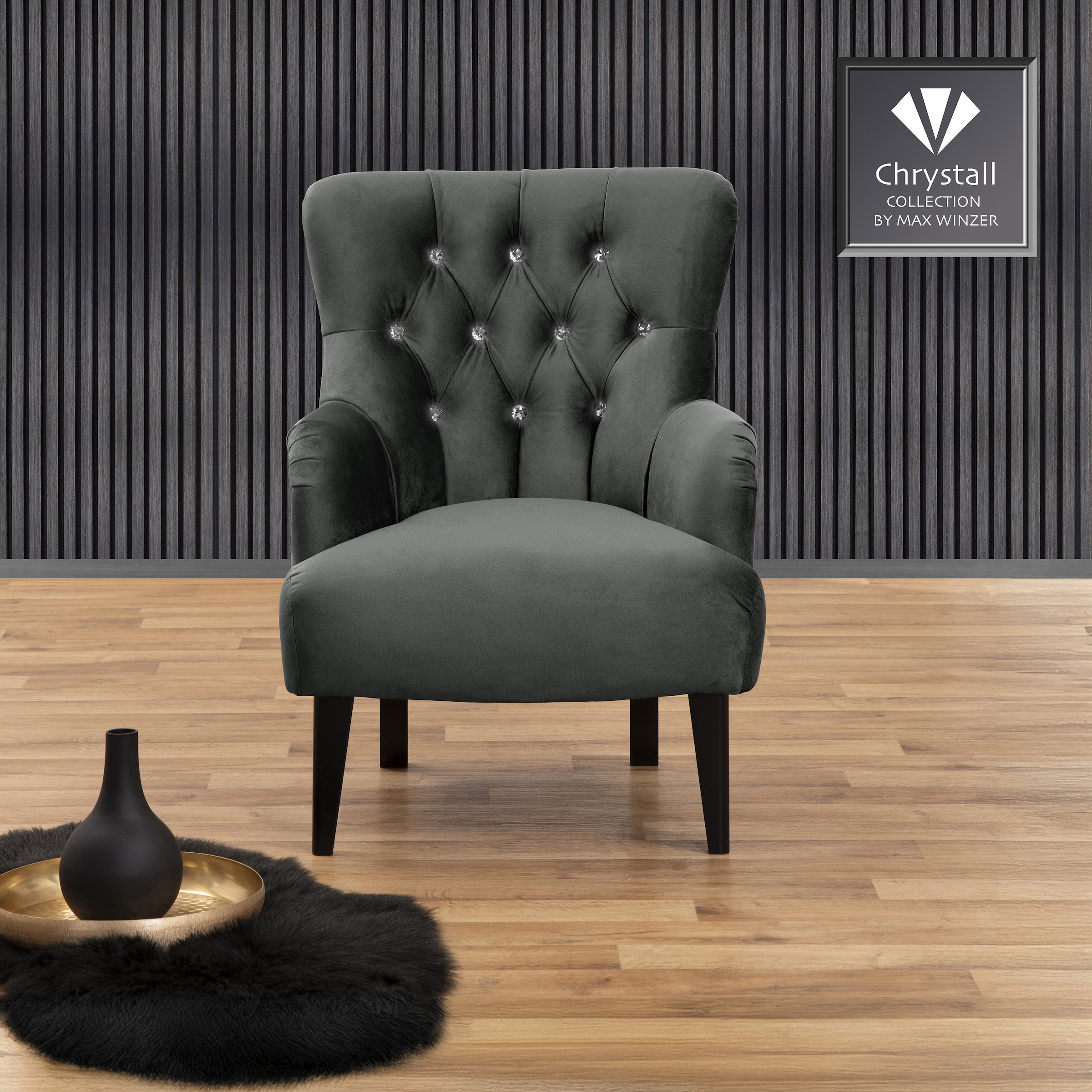 Max Winzer® Chesterfield-Sessel »Brighton, hochwertiger Sessel in exklusivem Design, mit Strasssteinen«, hervorragender Sitzkomfort, handgefertigt, aus weichem Samtvelours