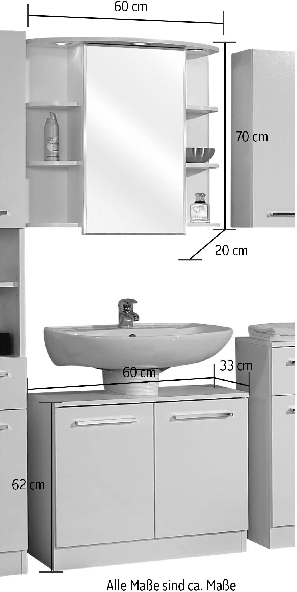 Saphir Badmöbel-Set »Quickset 335 2-teilig, Waschbeckenunterschrank mit LED-Spiegelschrank«, (2 St.), 3 Türen, seitliche Ablagefächer, ohne Waschbecken, Waschplatz