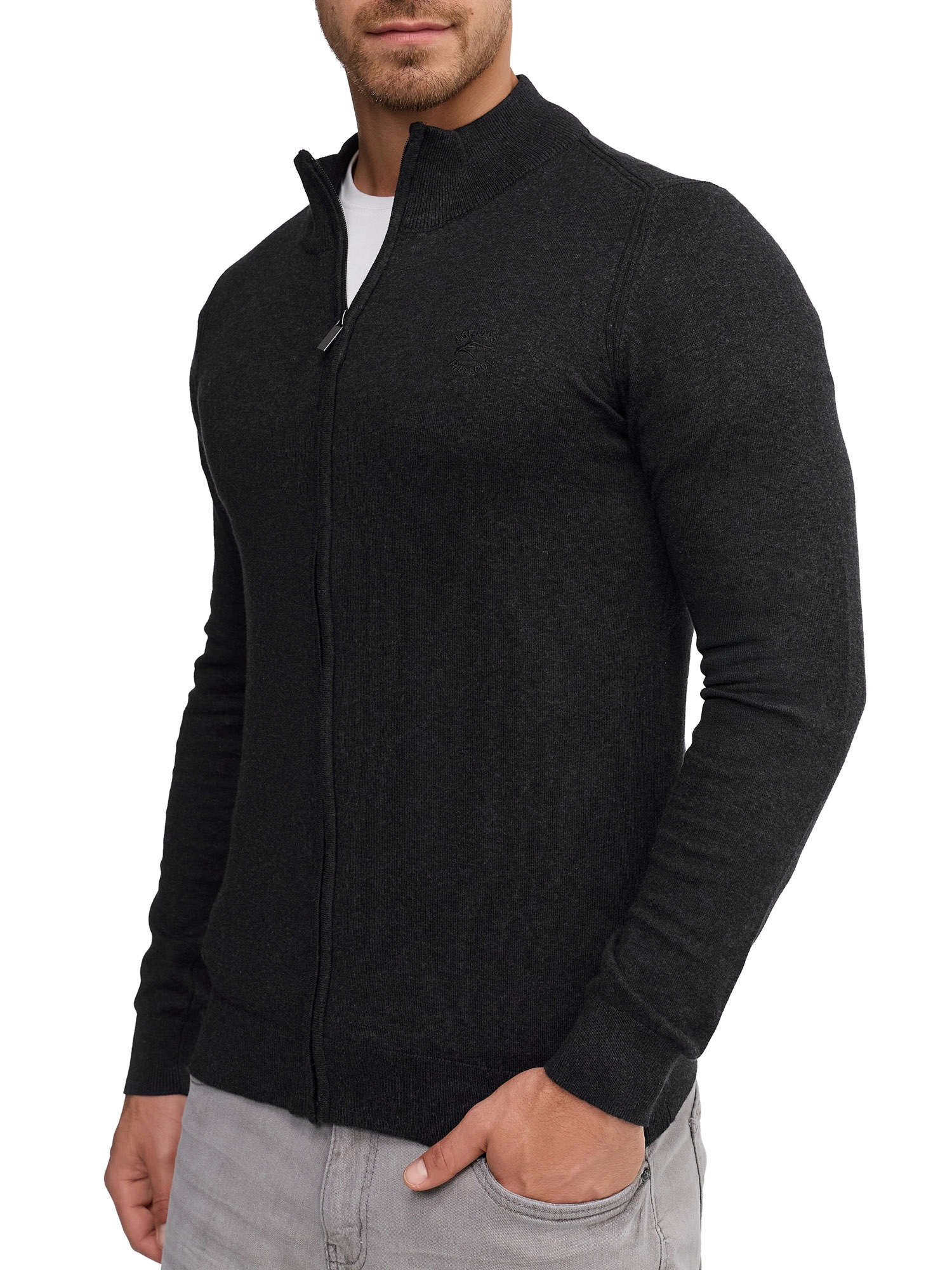 Strickjacke INDICODE "Tinos", Herren, Gr. XXL, grau (charcoal mix), Strick, Obermaterial: 80% Baumwolle, 20% Polyamid, unifarben, normal, hoch geschlossener Ausschnitt, Strickjacken Strickjacke
