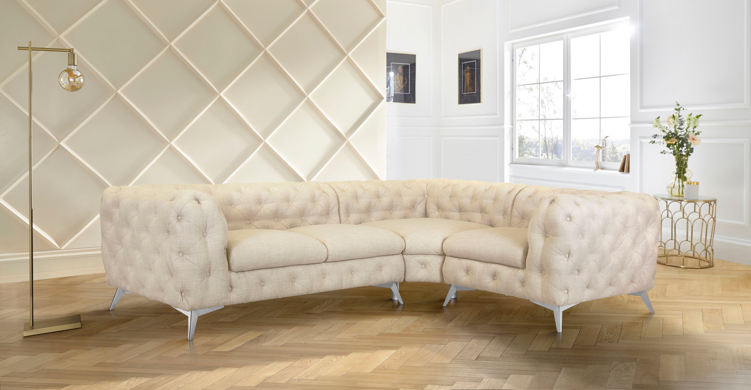 Leonique Chesterfield-Sofa »Ecksofa GLYNIS L-Form mit Wellenunterfederung, Maße B/T/H 264/204/75cm«, aufwändige Knopfheftung, moderne Chesterfield Optik, Fußfarbe wählbar