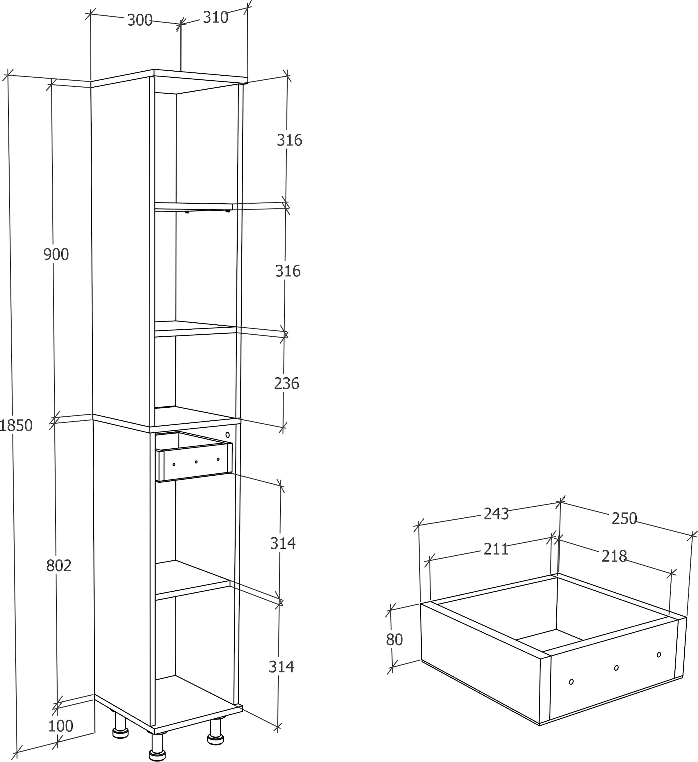 VCM Hochschrank »Badmöbel Hochschrank Badschrank Schublade Nilosi«