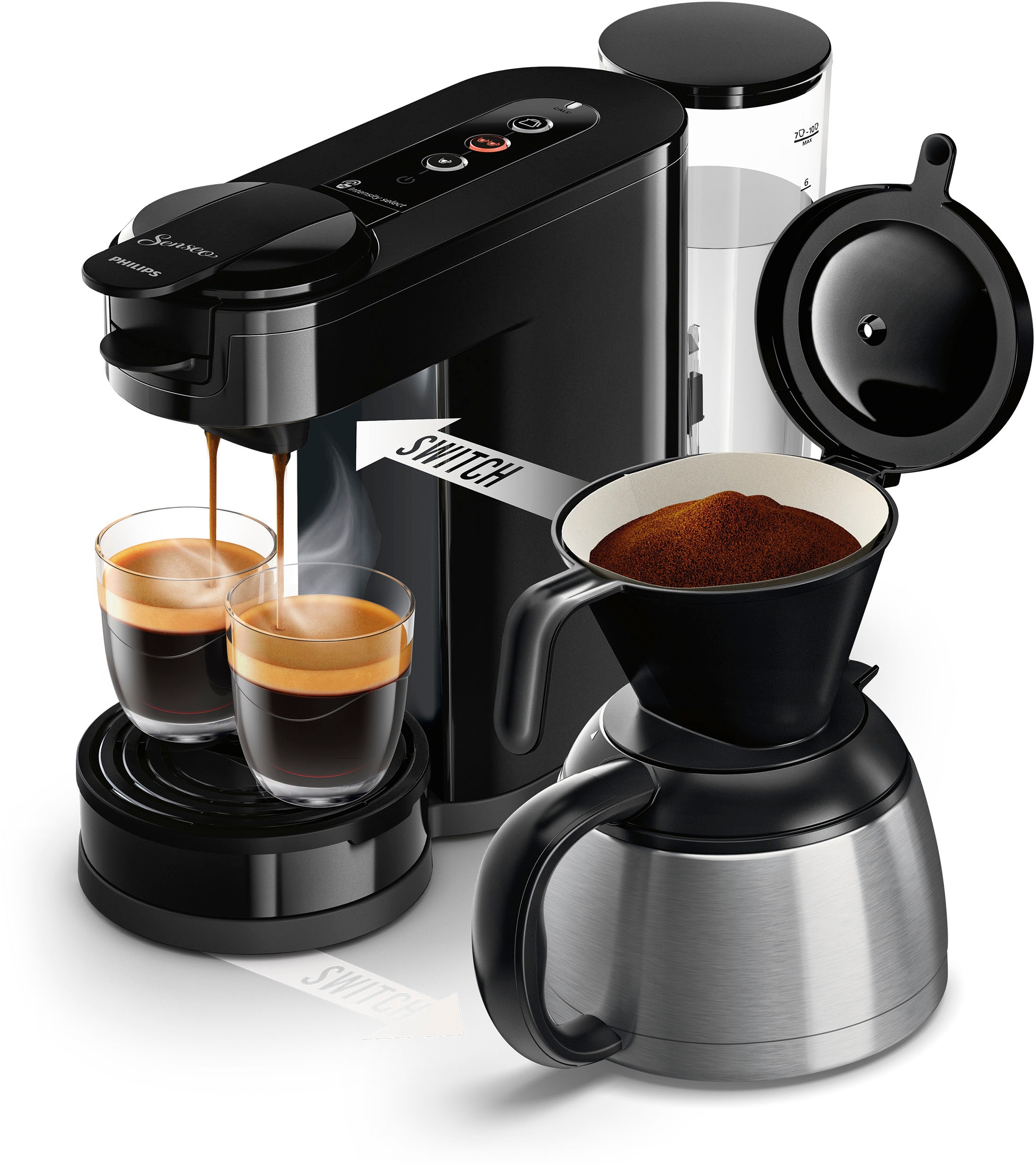 Philips Senseo Kaffeepadmaschine „Switch HD6592/64, 26% recyceltem Plastik, Kaffee Boost Technologie“, 1 l Kaffeekanne, Crema Plus, inkl. Kaffeepaddose Wert €9,90 UVP schwarz