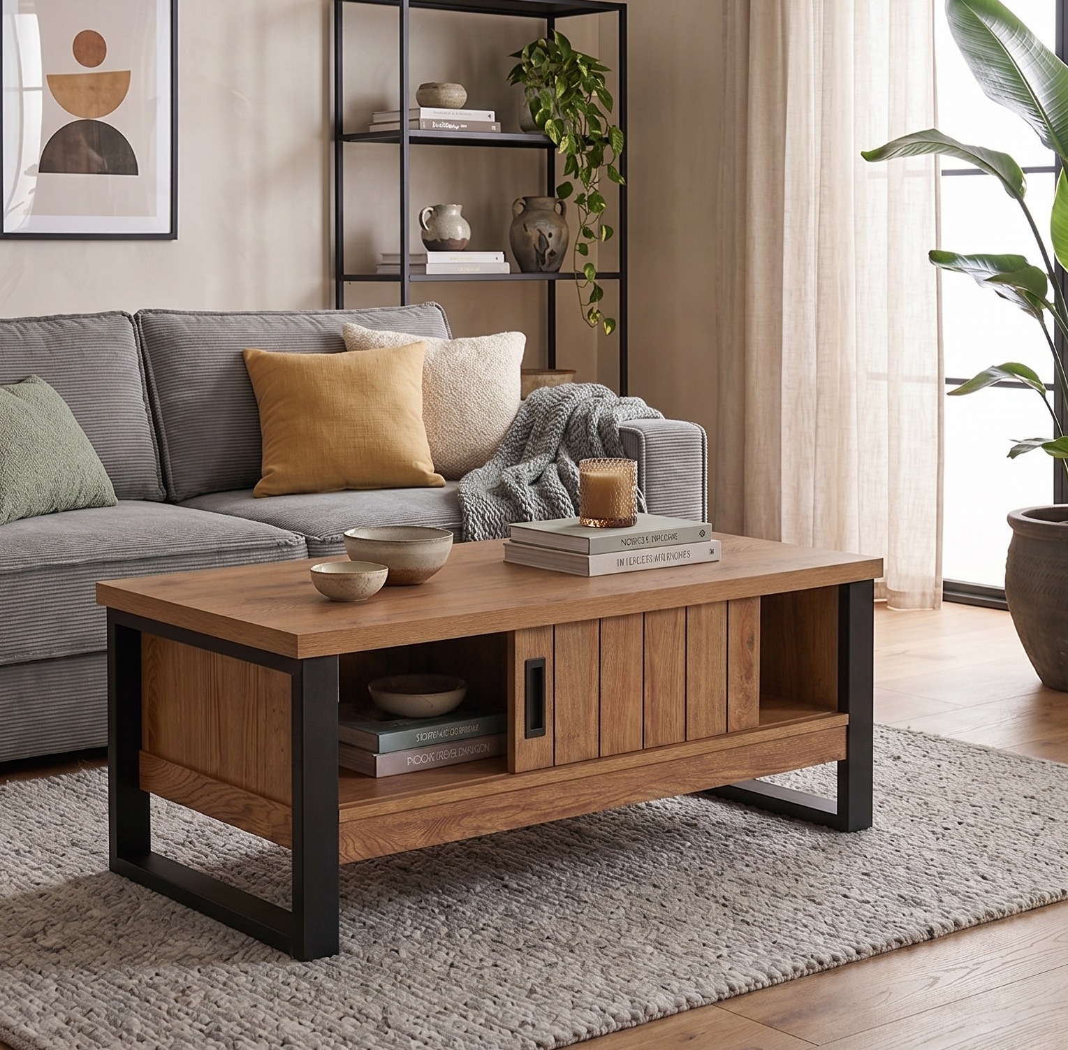 Jahnke Couchtisch "RIVA COFFEE" Couchtisch mit Stauraum & Schiebetüren, Eiche-Optik, Breite: 108,5 cm