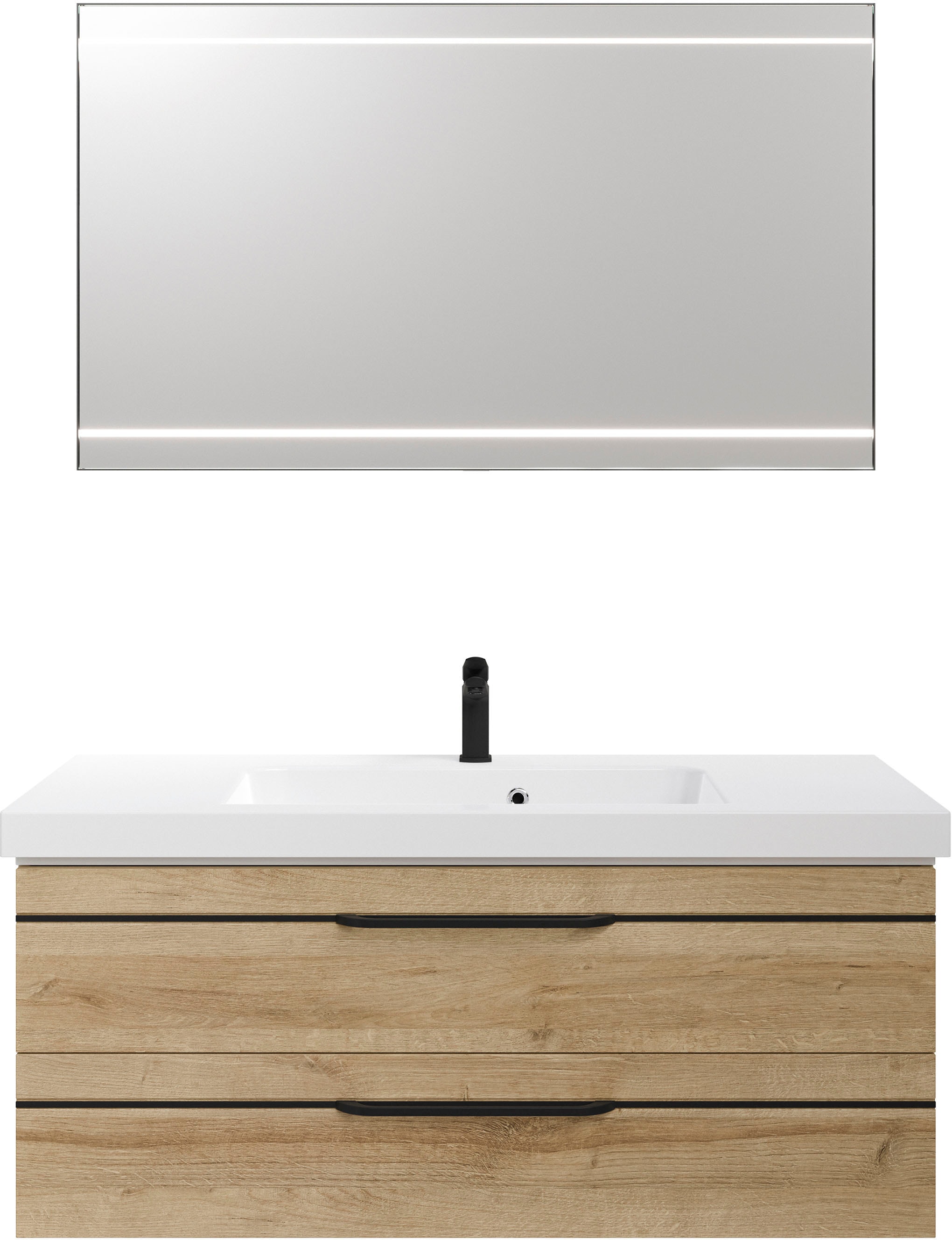 Saphir Badmöbel-Set »Balto 2-teilig Mineralmarmor-Waschtisch mit LED-Spiegel, 123 cm breit«, (2 St.), Waschplatz mit 2 Schubladen, Badschrank inkl. Schubladendämpfer