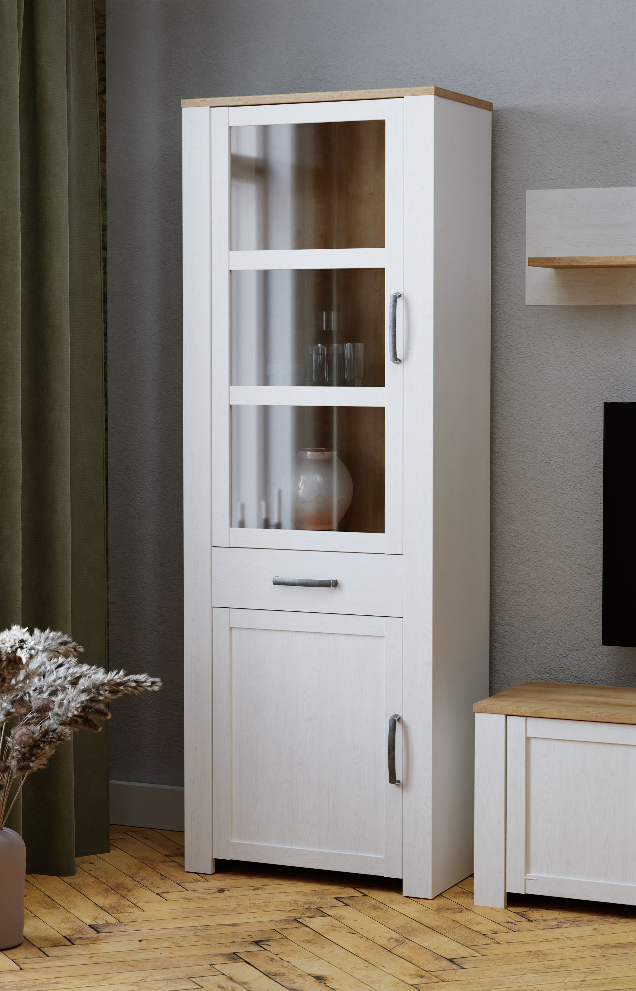 Bohol Narrow Display Cabinet in Riviera Oak/White, none