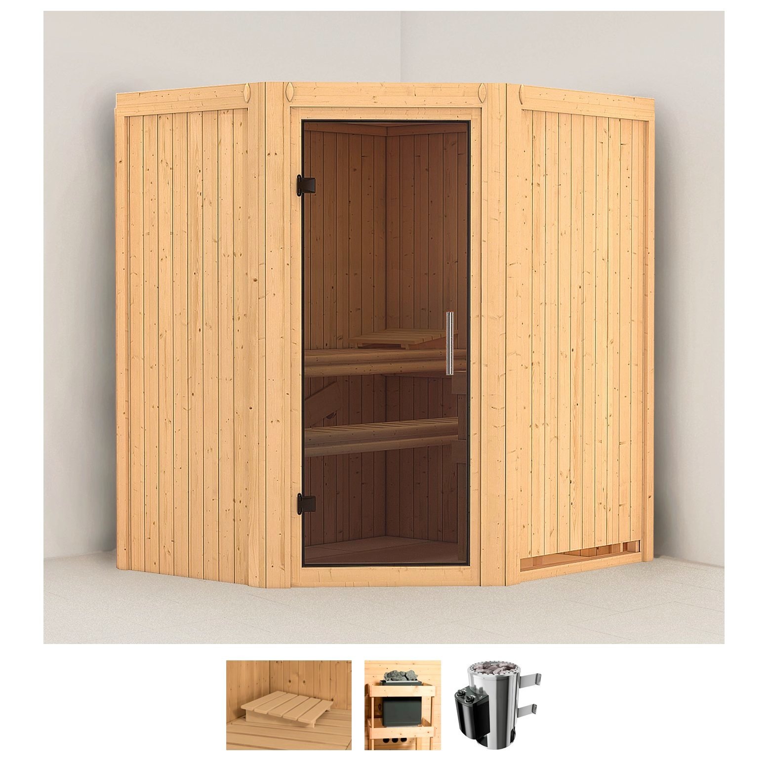 Karibu Sauna »Tomke«, (Set), 3,6-kW-Plug & Play Ofen mit integrierter Steuerung