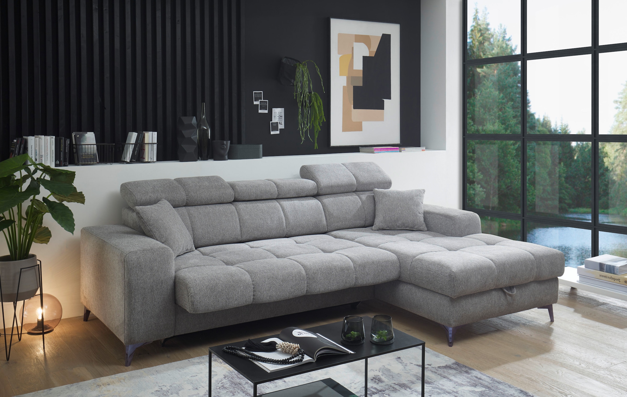 ED EXCITING DESIGN Ecksofa »Sydney L-Form mit Bettfunktion, Bettkasten, Kopfteilverstellung«, motorischer Sitztiefenverstellung, USB-Port & 2 Zierkissen