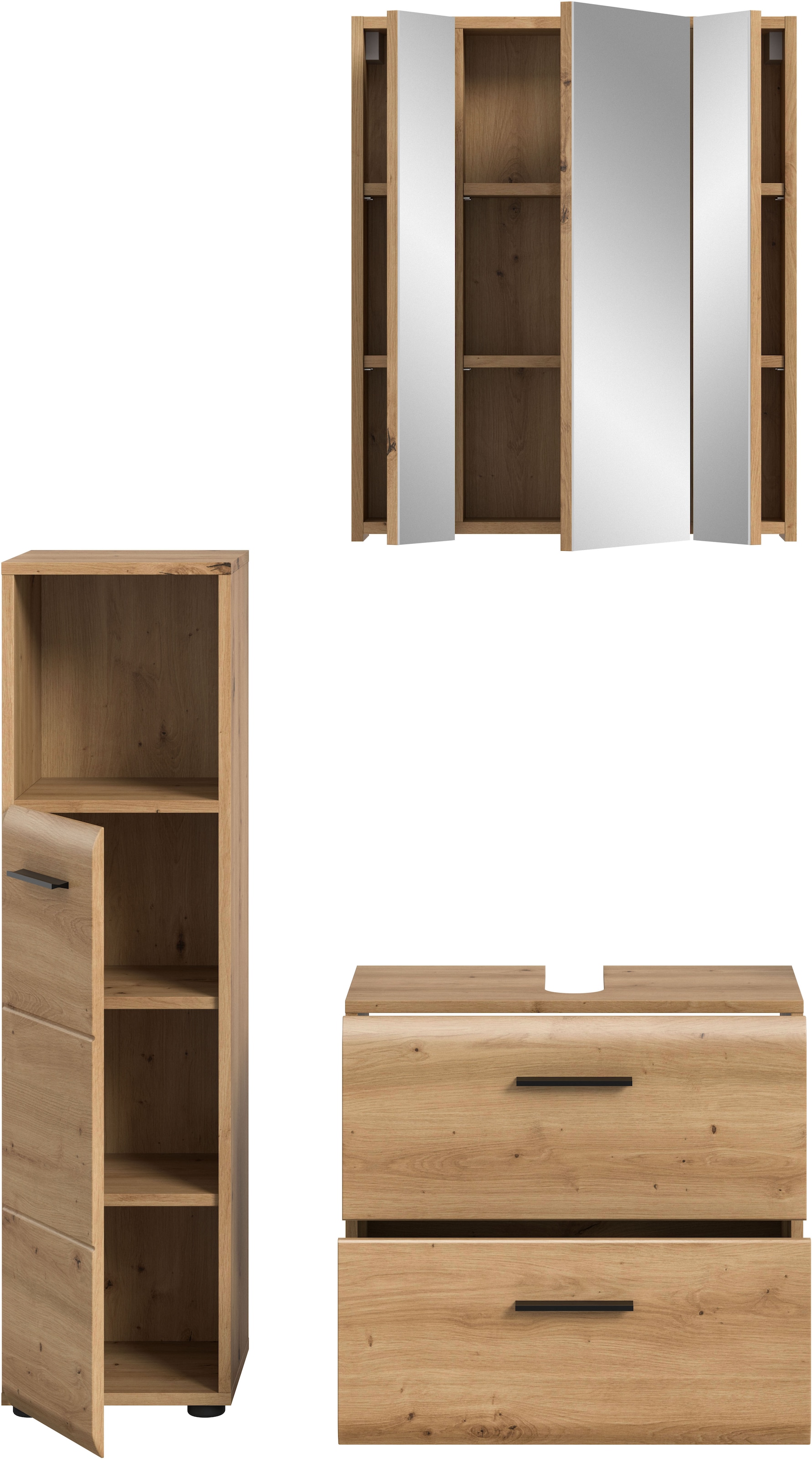 INOSIGN Badmöbel-Set »FLORENZ, TOPSELLER!, 3-teilige Badkombination, hochwertige MDF-Front«, (Set, 3 St., best. aus: Midischrank hoch, Waschbeckenunterschrank, Spiegelschrank), Florenz, Badkombination 3-tlg., Artisan Oak NB, Standschrank