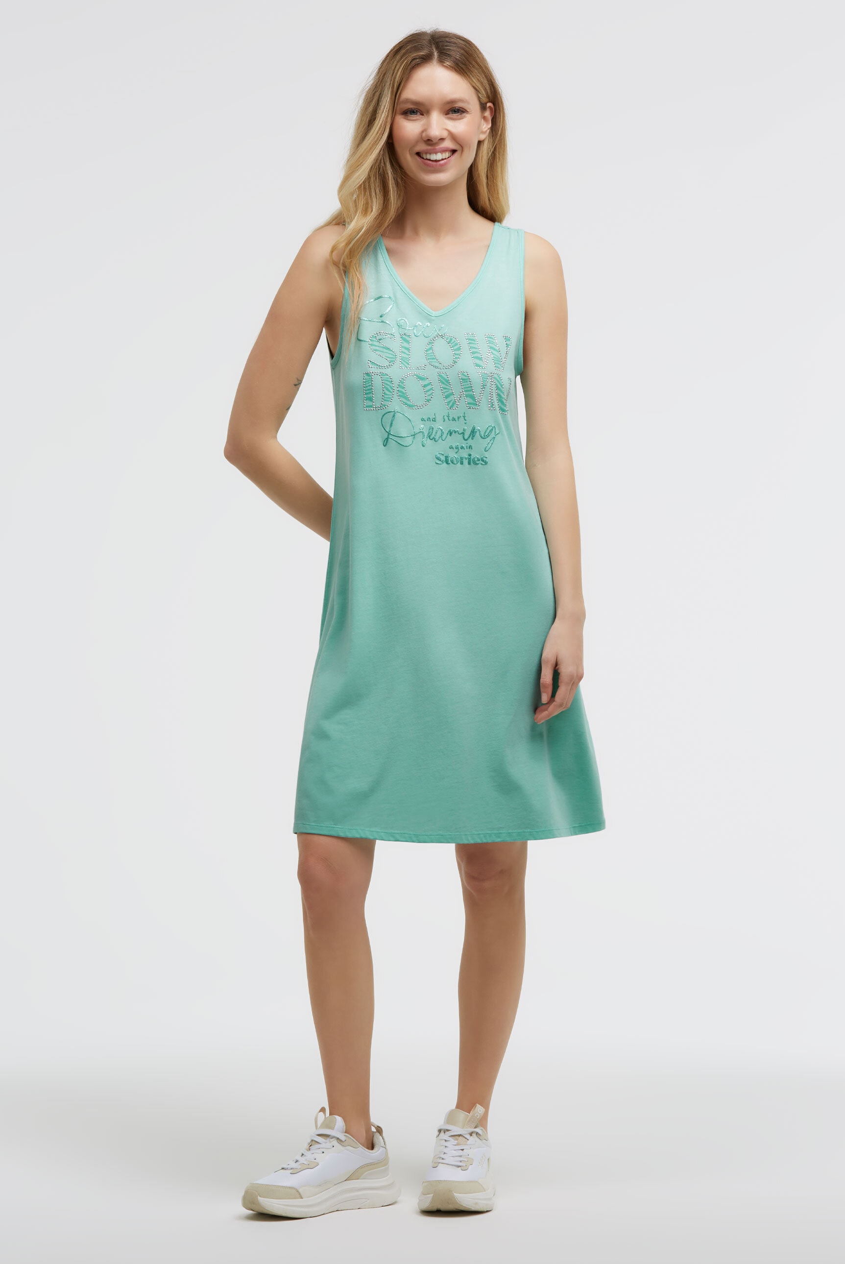 SOCCX Sommerkleid Ohne Taschen mit Glitzerstein-Wording