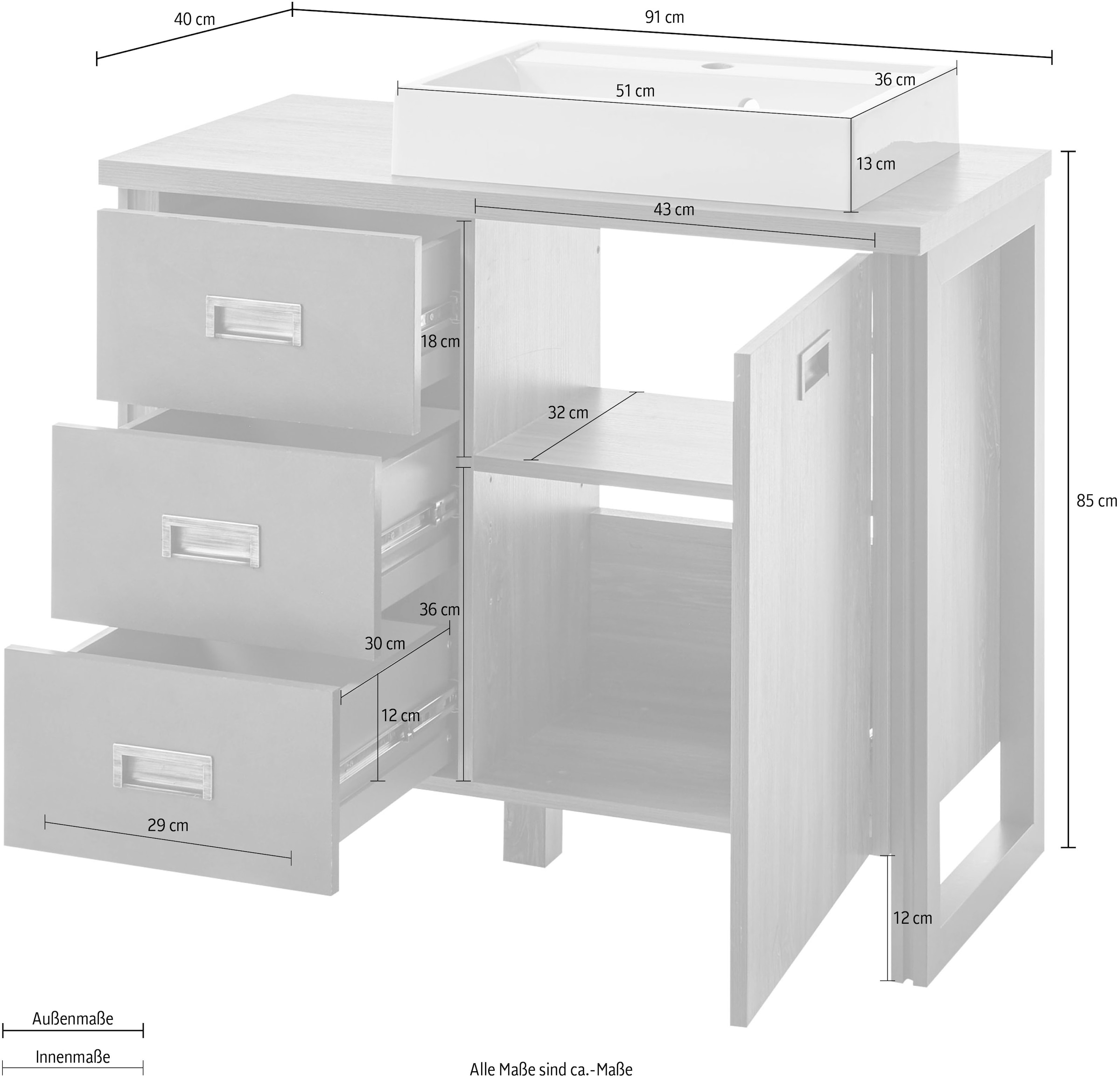 Home affaire Waschtisch »Detroit, Unterschrank mit Apothekergriff, Badschrank, Industrialdesign«, Eiche Dekor, mit Stauraum, inkl. Mineralguss-Waschbecken, Breite 91 cm